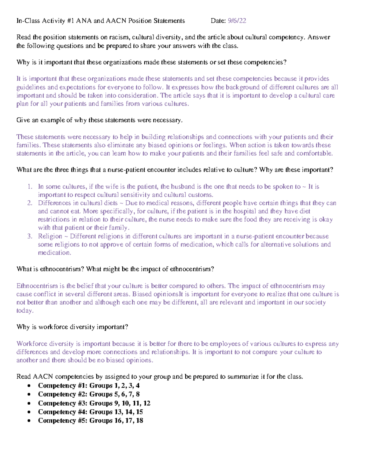 American Nursing Association Activity - In-Class Activity #1 ANA And ...