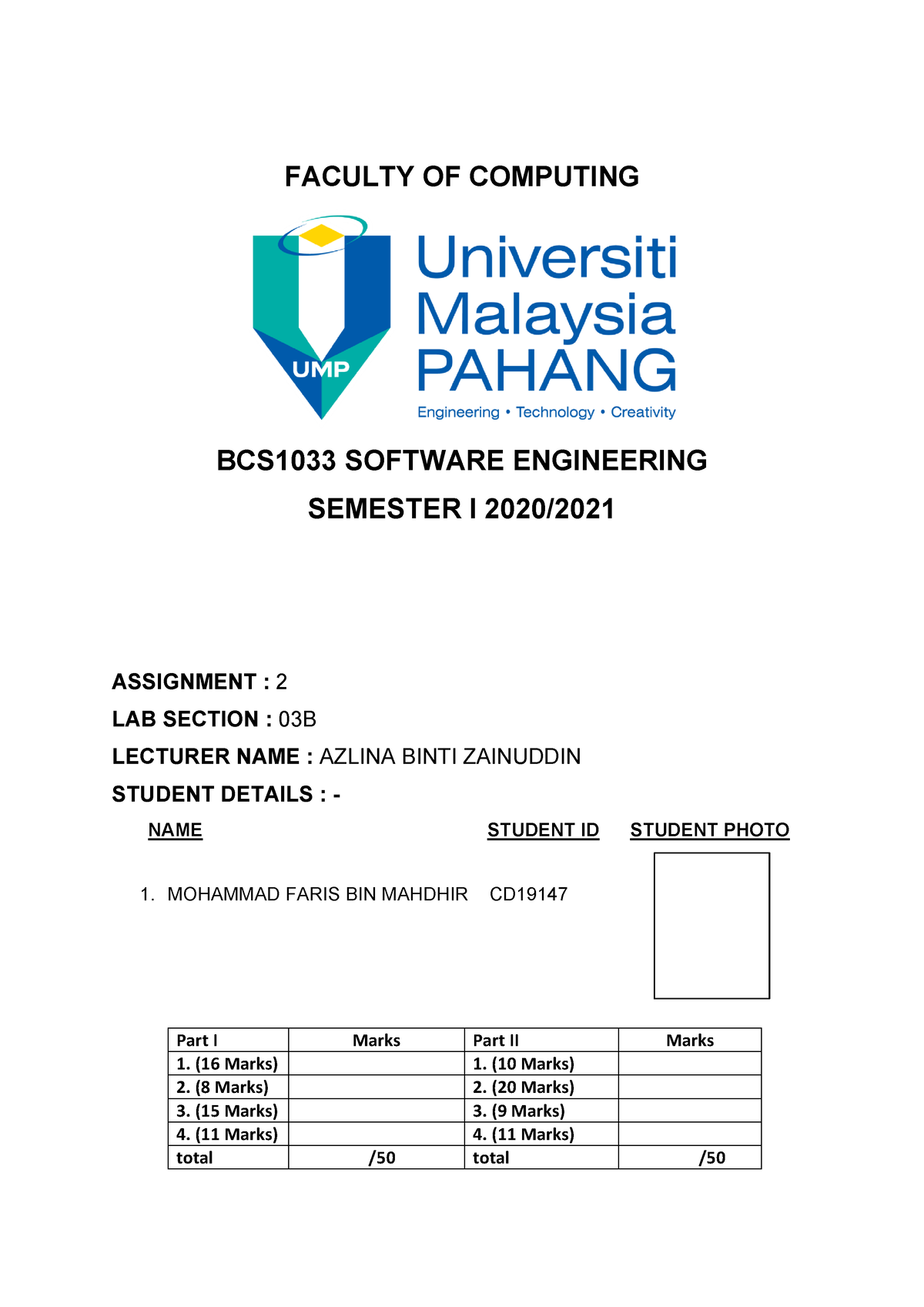 Software Engineering Assignment - FACULTY OF COMPUTING BCS1033 SOFTWARE ...