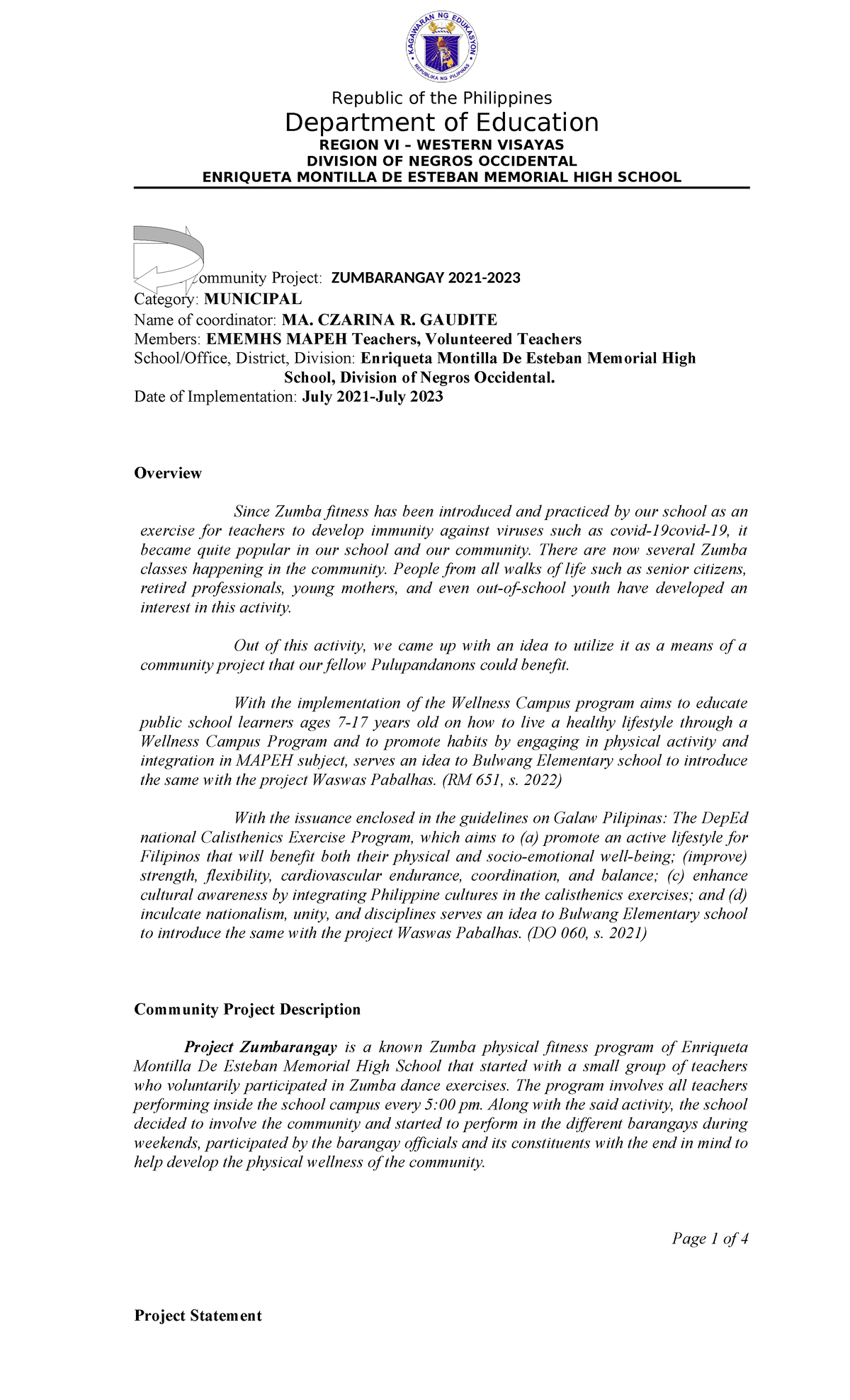 COMMUNITY SERVICE THROUGH ZUMBARANGAY - Department of Education REGION 