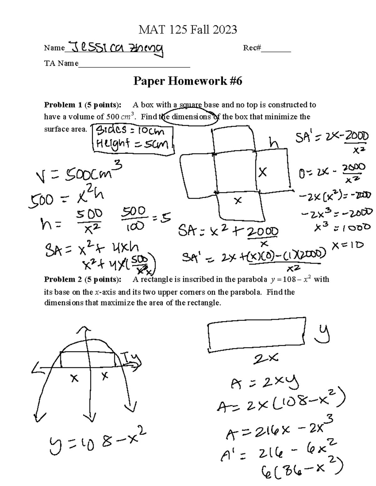Paper Homework 6 for MAT 125 Fall 2023 - MAT 125 Fall 2023 Name ...