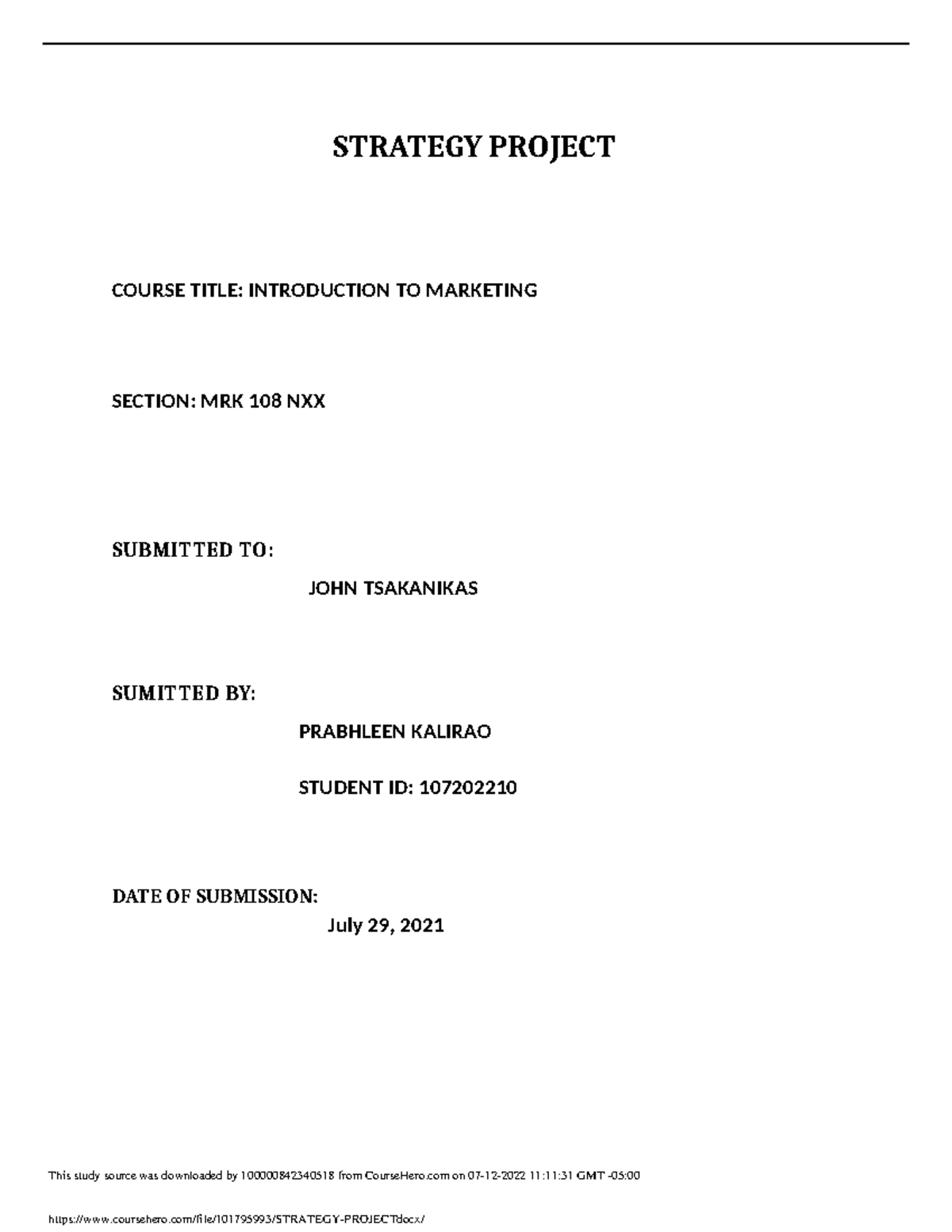 Strategy Project Assignment Group STRATEGY PROJECT COURSE TITLE