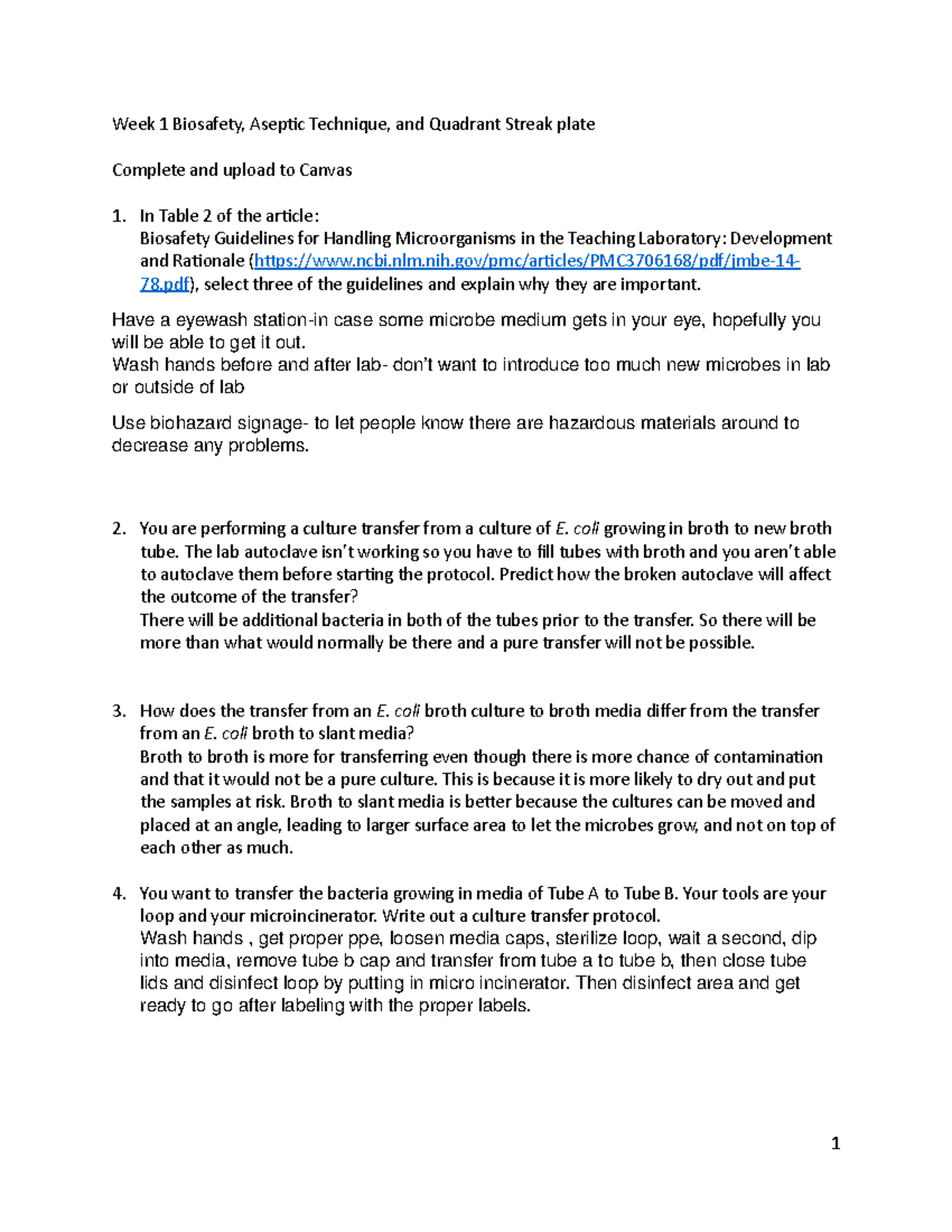 Biosafety worksheet week 1 for bio 209 - Week 1 Biosafety, Aseptic ...