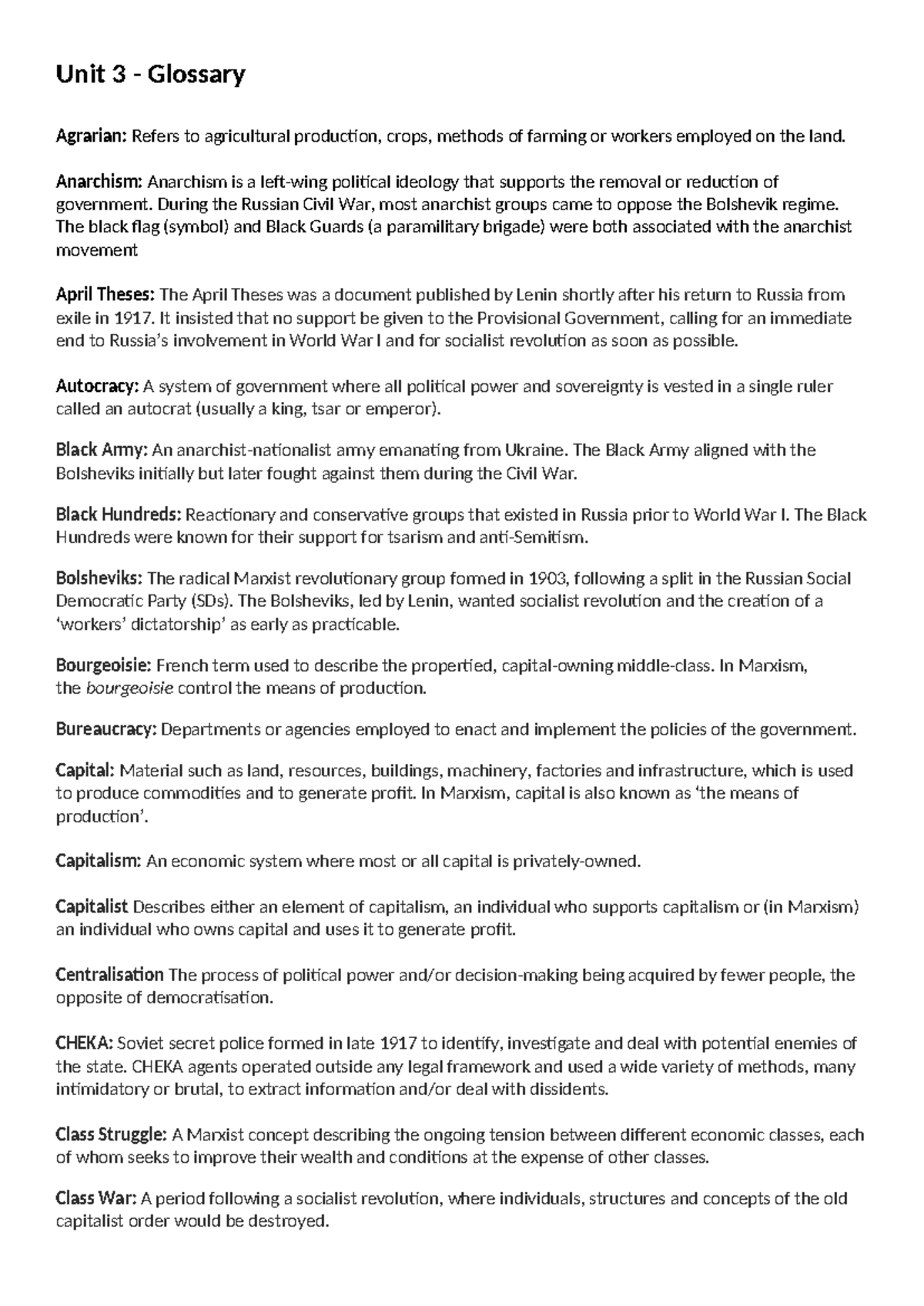 Unit 3 - Glossary of Key Terms - Unit 3 - Glossary Agrarian: Refers to ...