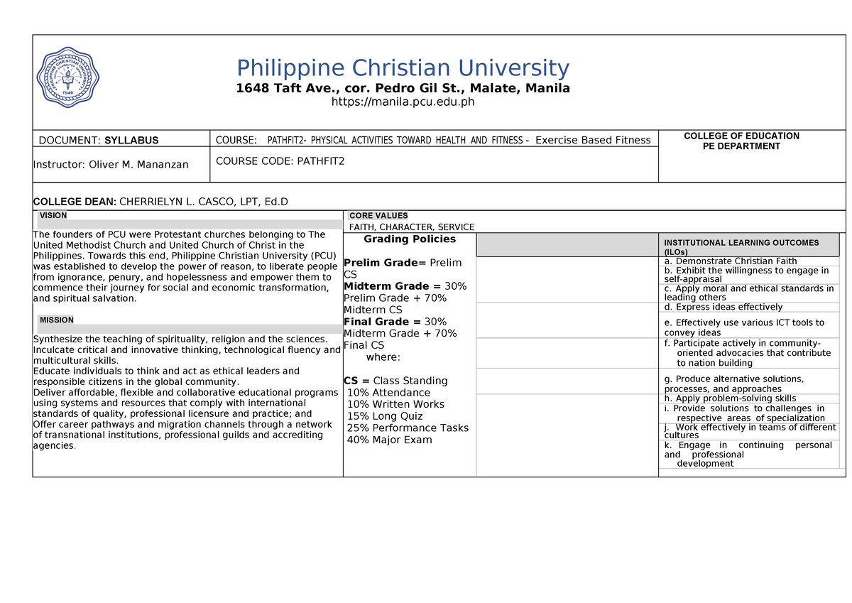 Mananzan Pathfit-2- Syllabus - DOCUMENT: SYLLABUS COURSE: PATHFIT2 ...