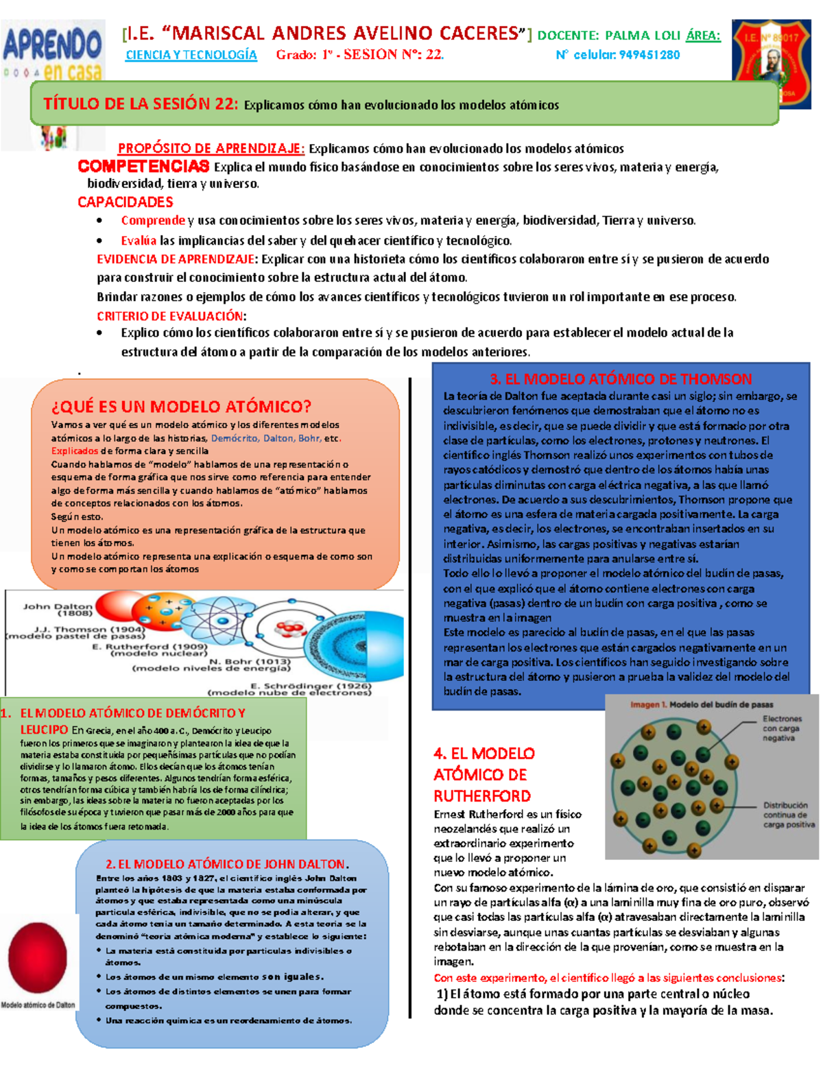 Sesion 22 de 1° modelos atomicos - [I. “MARISCAL ANDRES AVELINO CACERES”]  DOCENTE: PALMA LOLI ÁREA: - Studocu