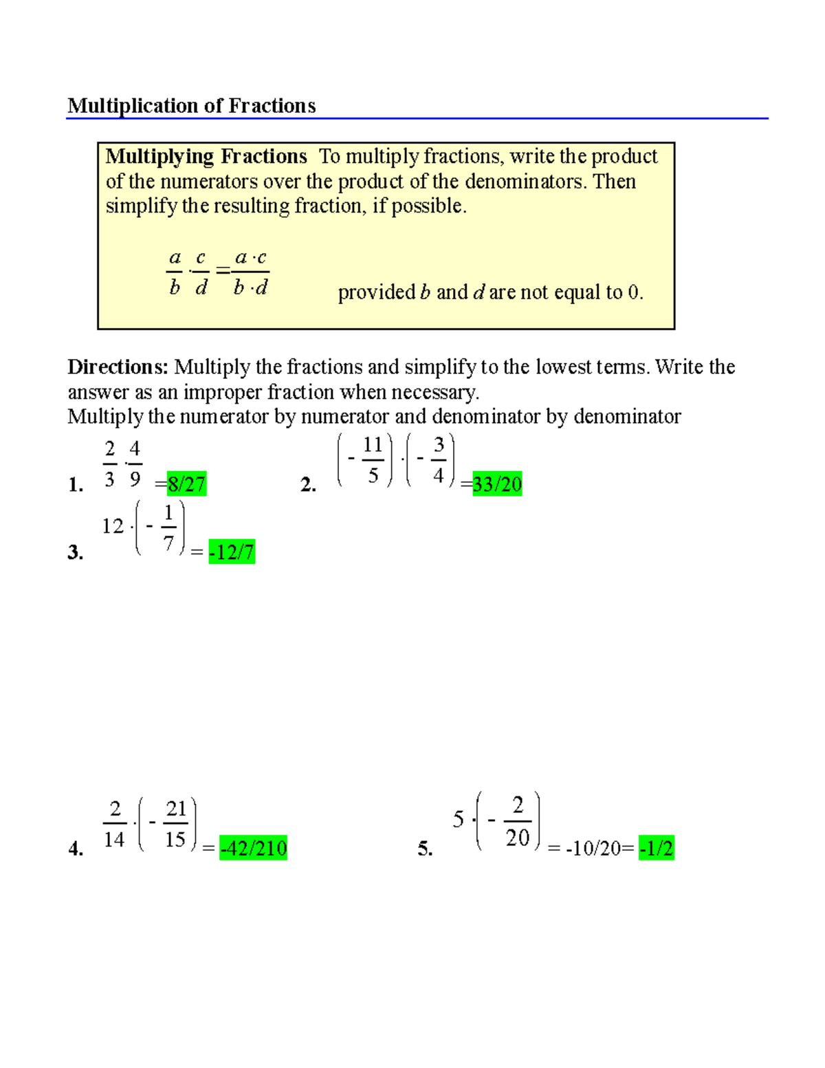 2A-3 Multipying And Dividing Fractions - Multiplication of Fractions ...