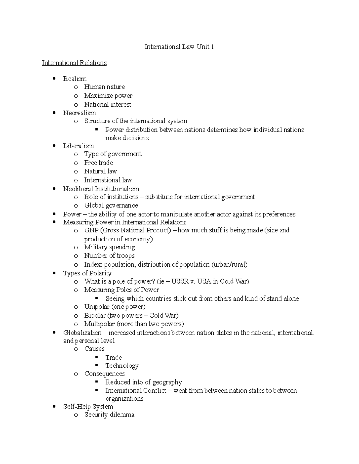 Unit 1 Notes - International Law Unit 1 International Relations Realism ...