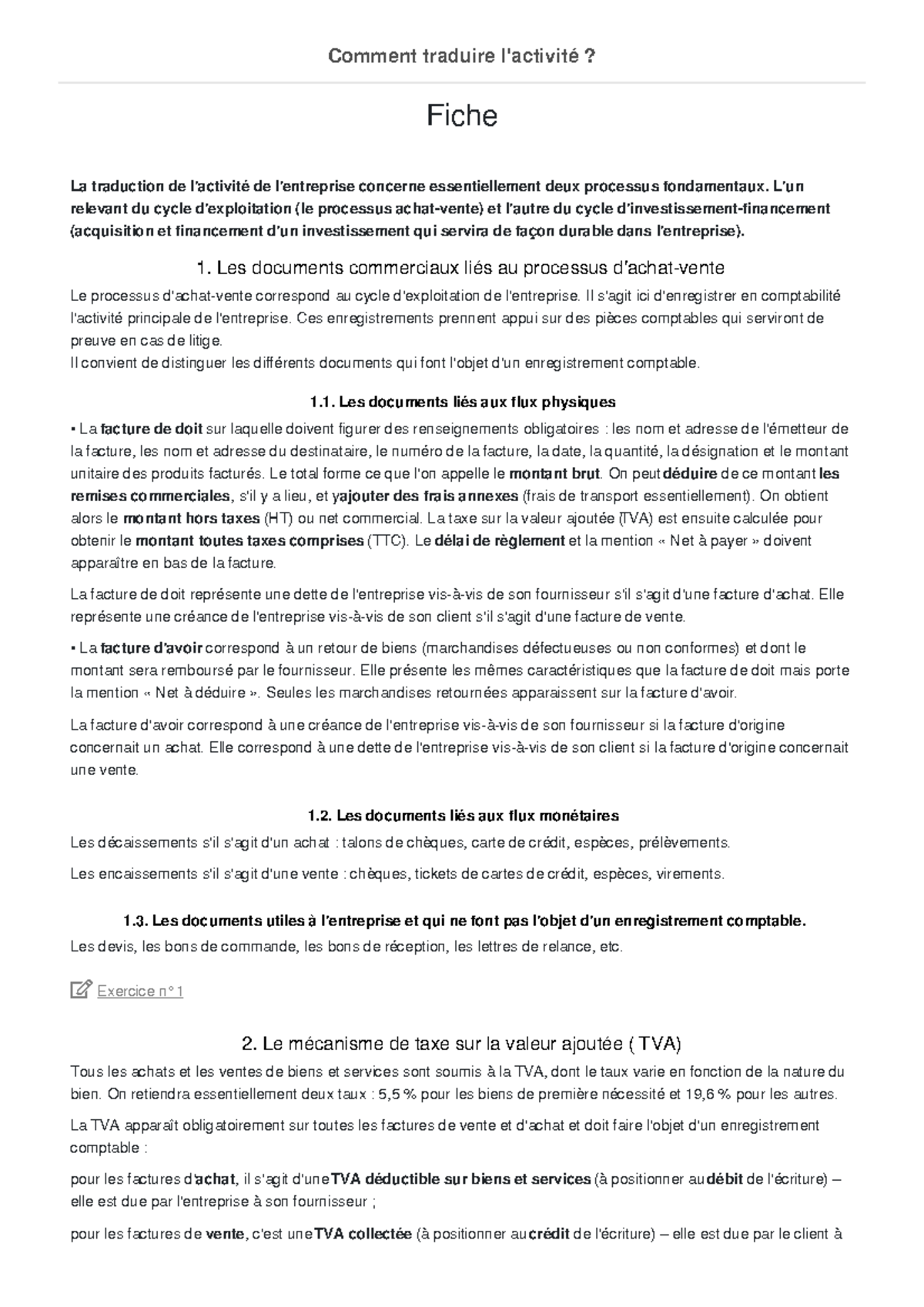 gestion finance comment traduire l activite Fiche La traduction de l