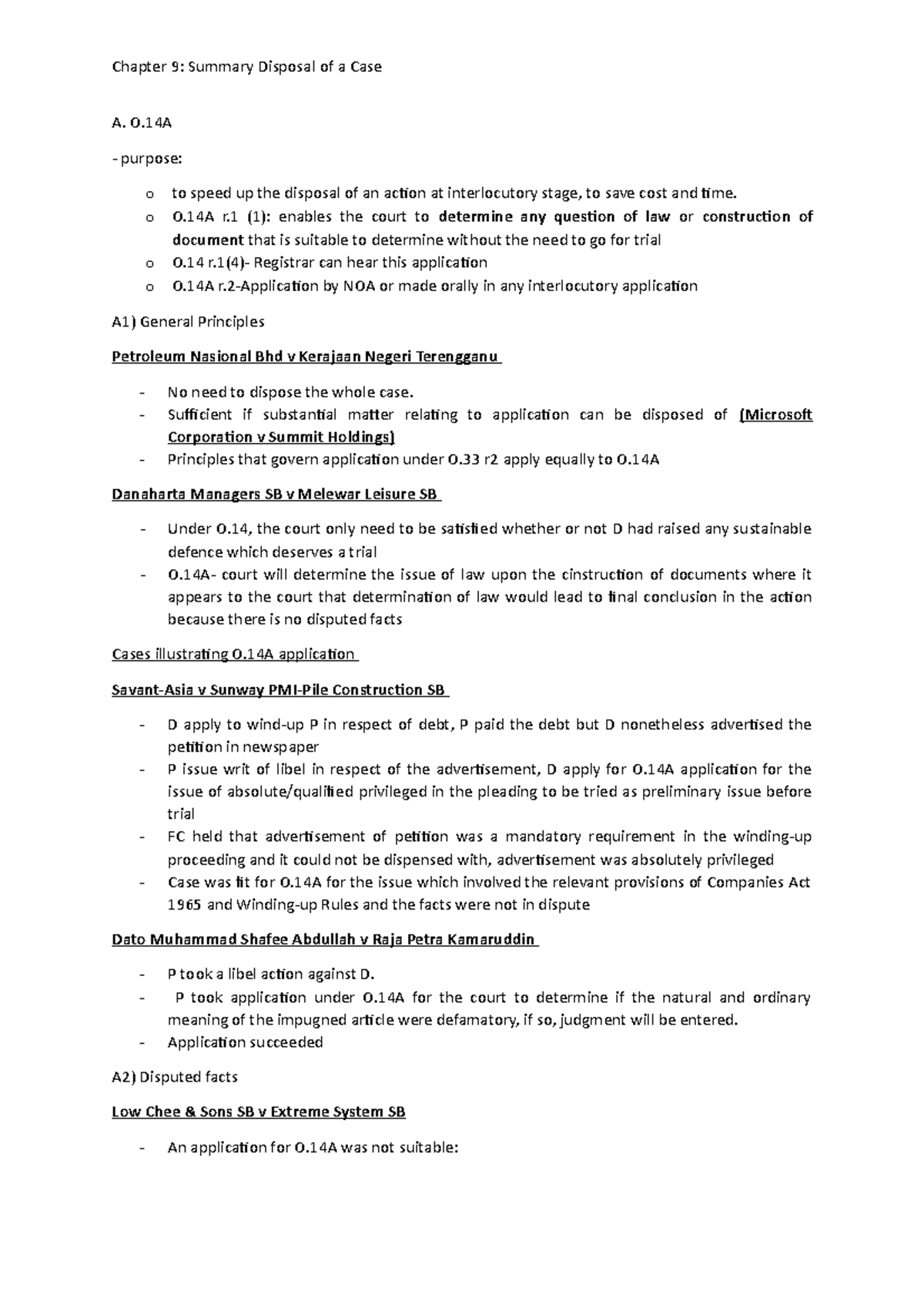 Chapter 9; Summary Disposal of a case Chapter 9 Summary Disposal of
