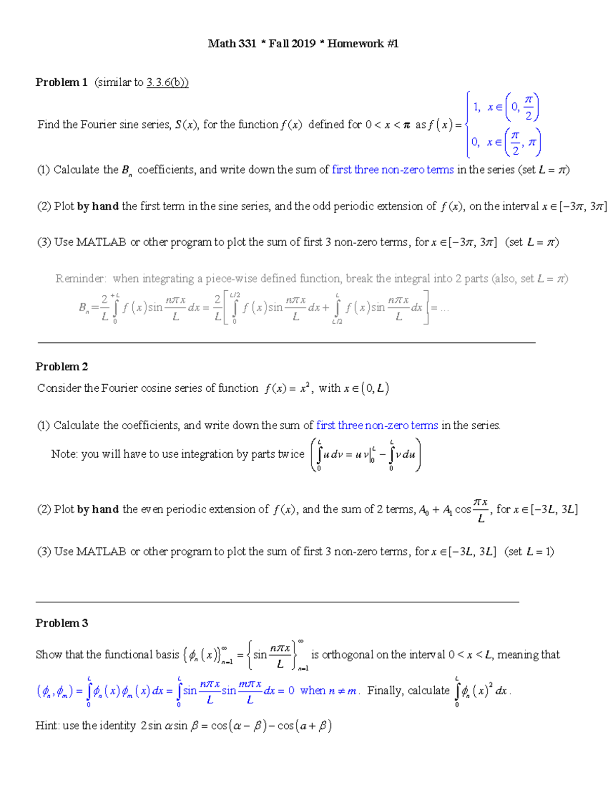 M331 F19 Hw1 - Homework 1 - Math 331 * Fall 2019 * Homework # Problem 1 ...