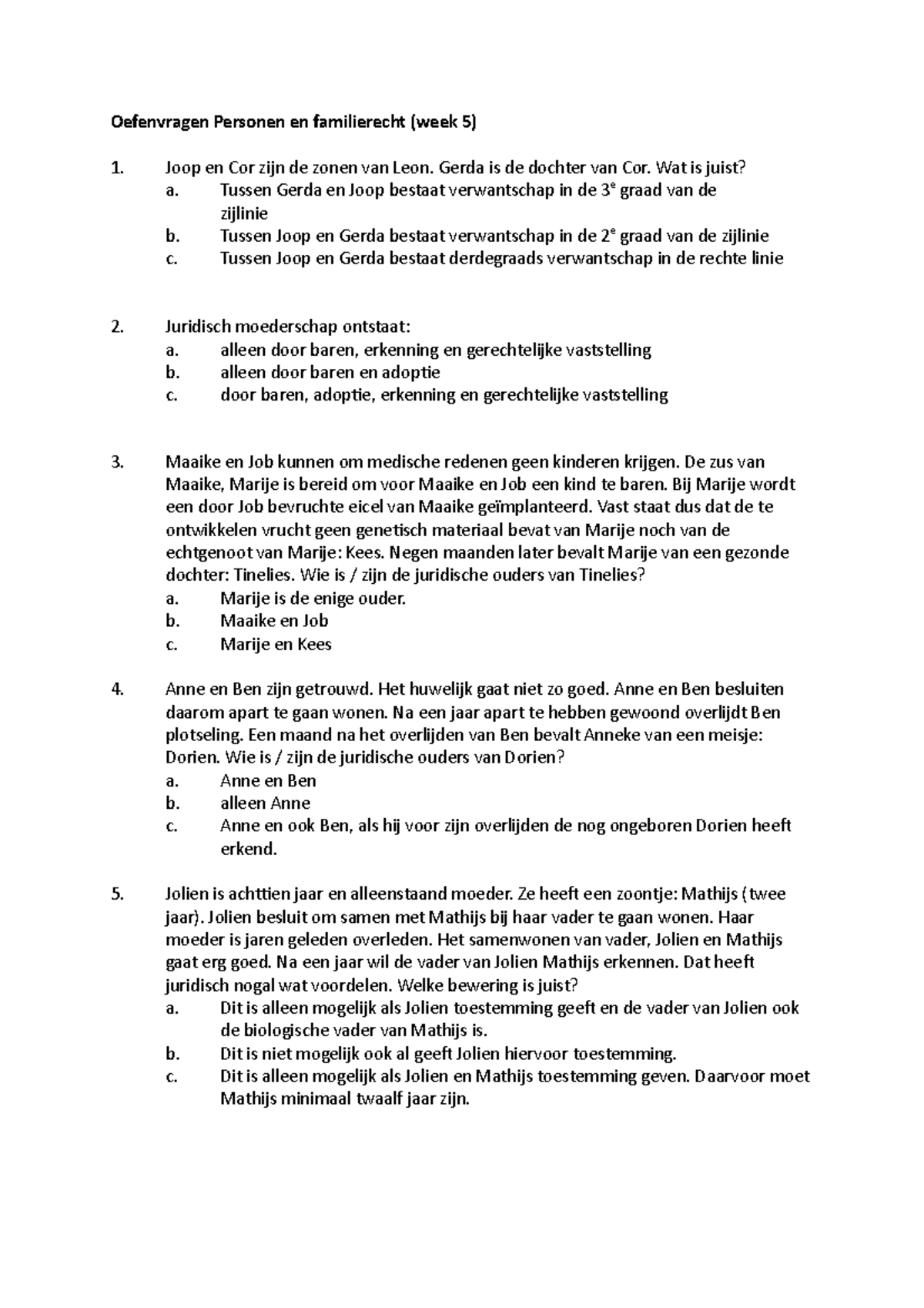 Oefenvragen Week Personen En Familierecht Zonder Antwoorden