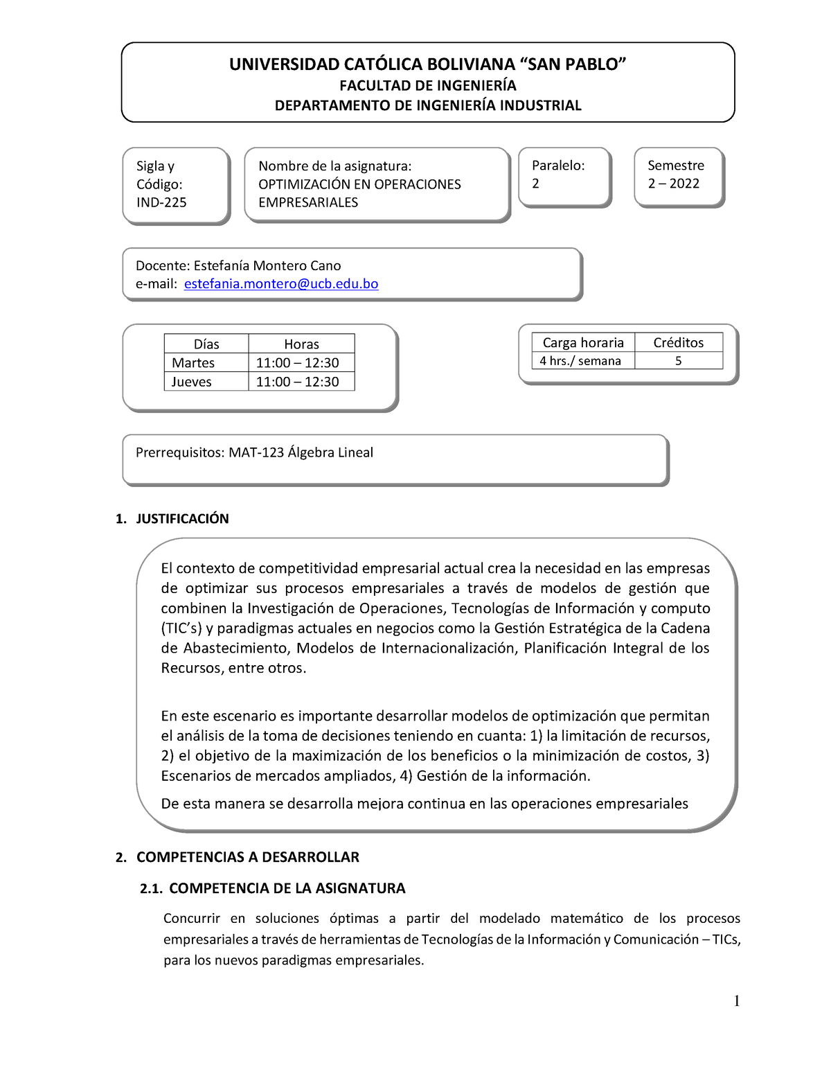 IND-225 Plan De Asignatura (Paralelo 2) - 1. JUSTIFICACI”N 2 ...