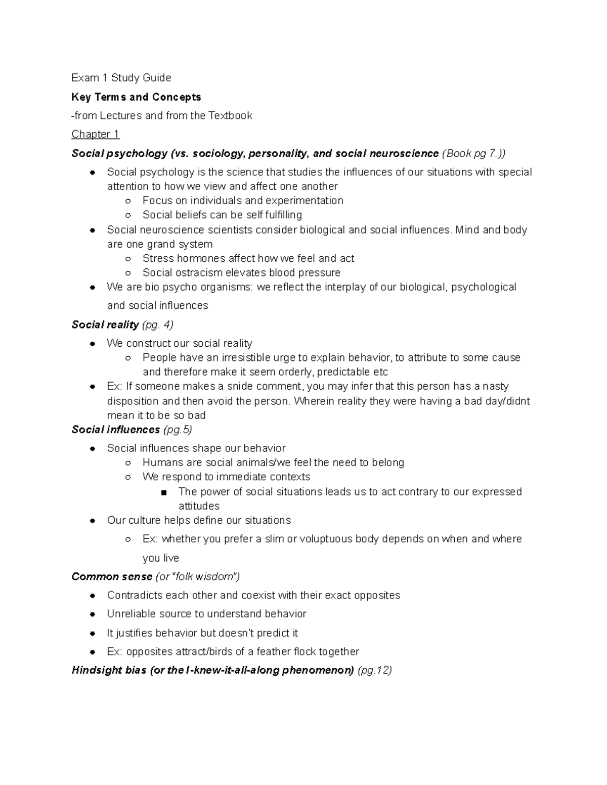 Intro to Social Psychology Study Guide 1 - Exam 1 Study Guide Key Terms ...