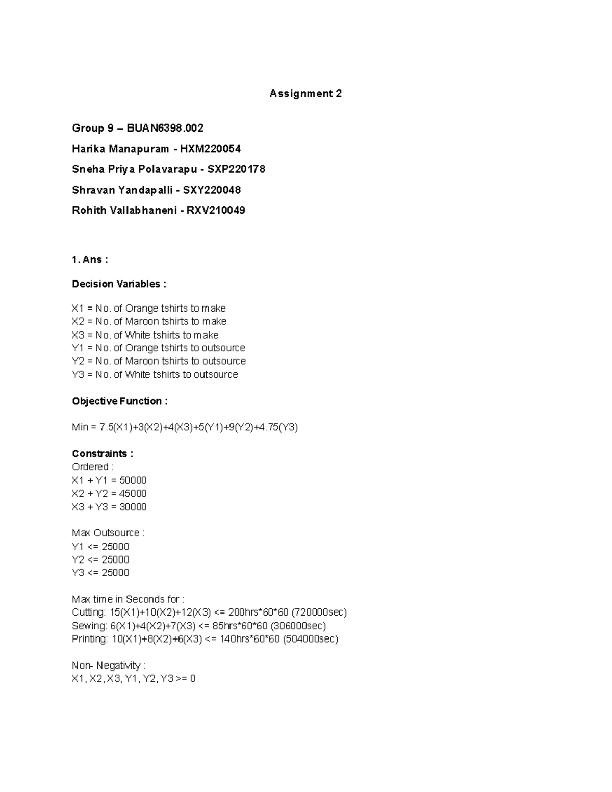Assignment 2 - Prescriptive Analytics - Assignment 2 Group 9 – BUAN6398 ...