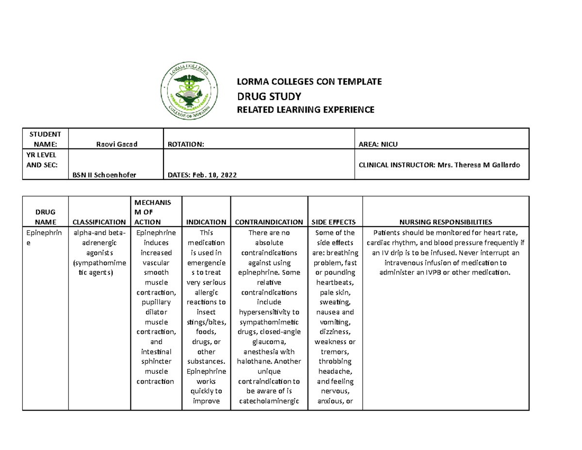 DRUG Study document - LORMA COLLEGES CON TEMPLATE DRUG STUDY RELATED ...