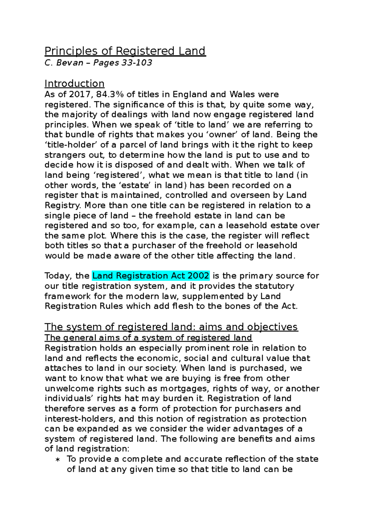 Principles of Registered Land Bevan Pages 33 Introduction As of