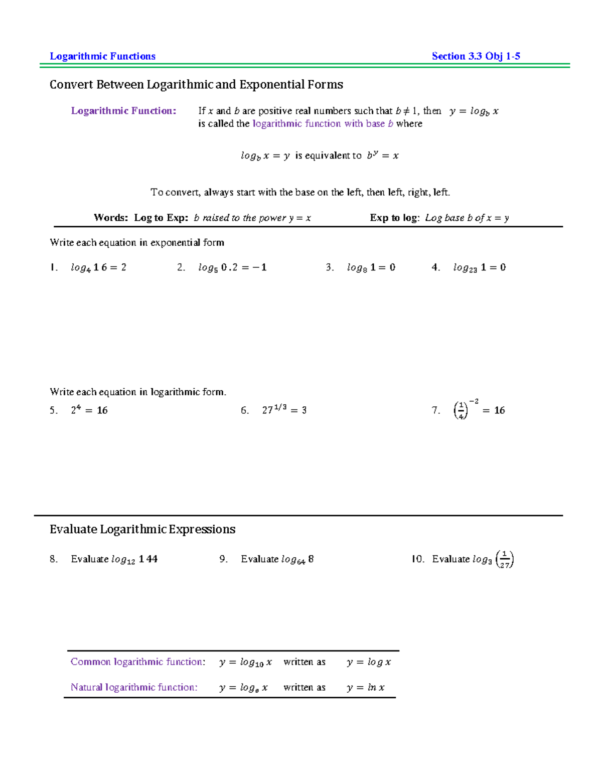 3.3 Logarithmic Functions ADA Logarithmic Functions Section 3 Obj 1