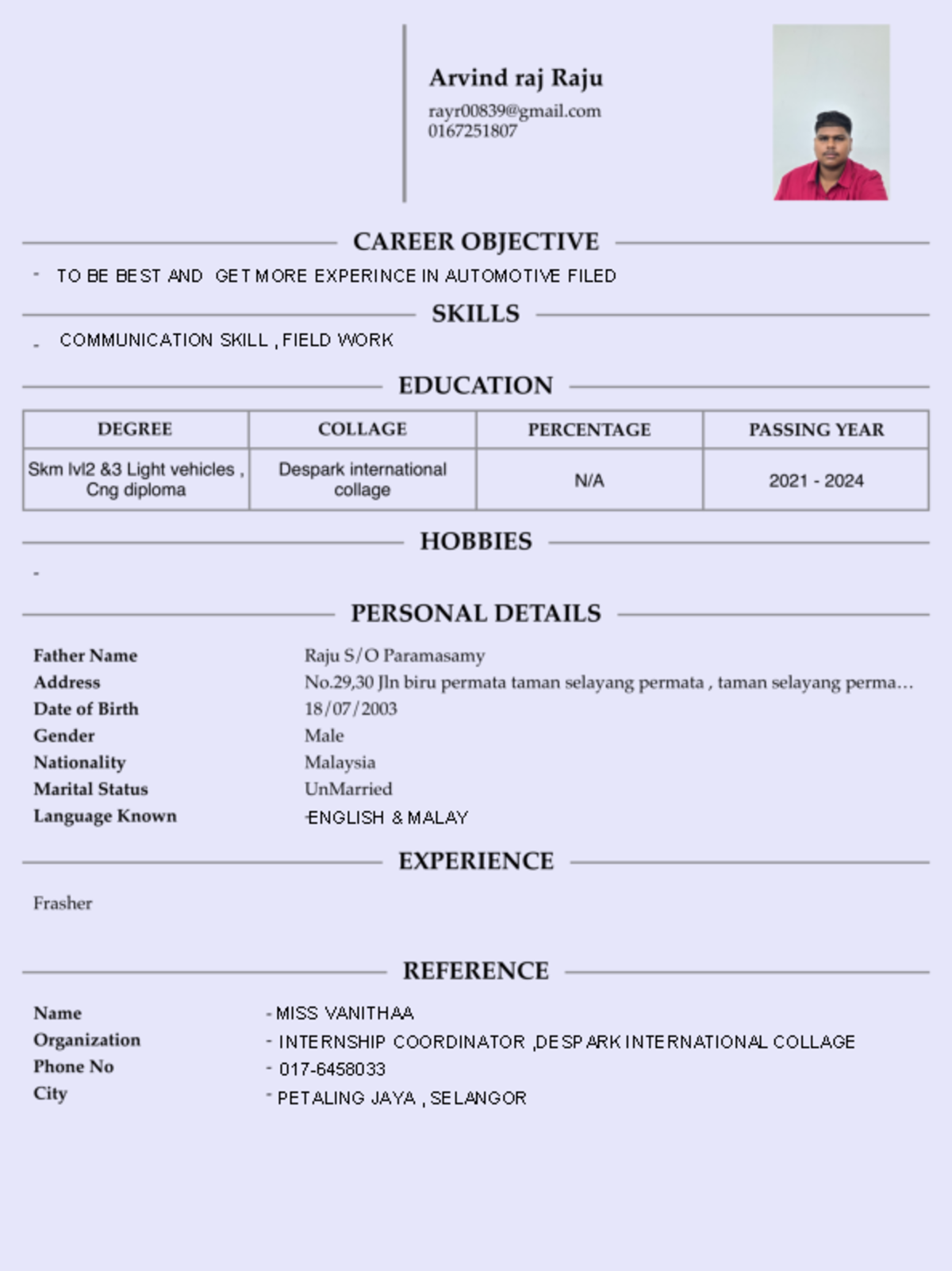 Resume - nil - Bussiness assement - COMMUNICATION SKILL , FIELD WORK TO ...