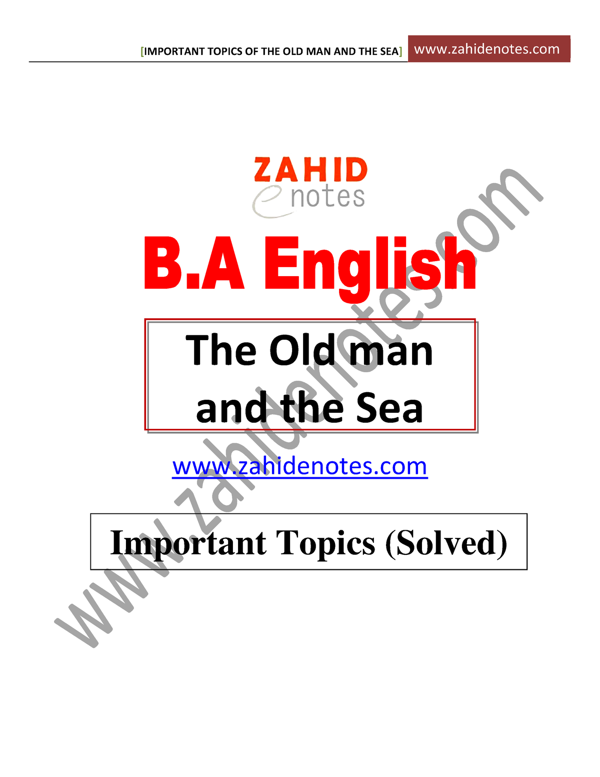 Old Man and the Sea - Old man and sea motes fir everone - B. English Notes  Old Man and The Sea Old - Studocu