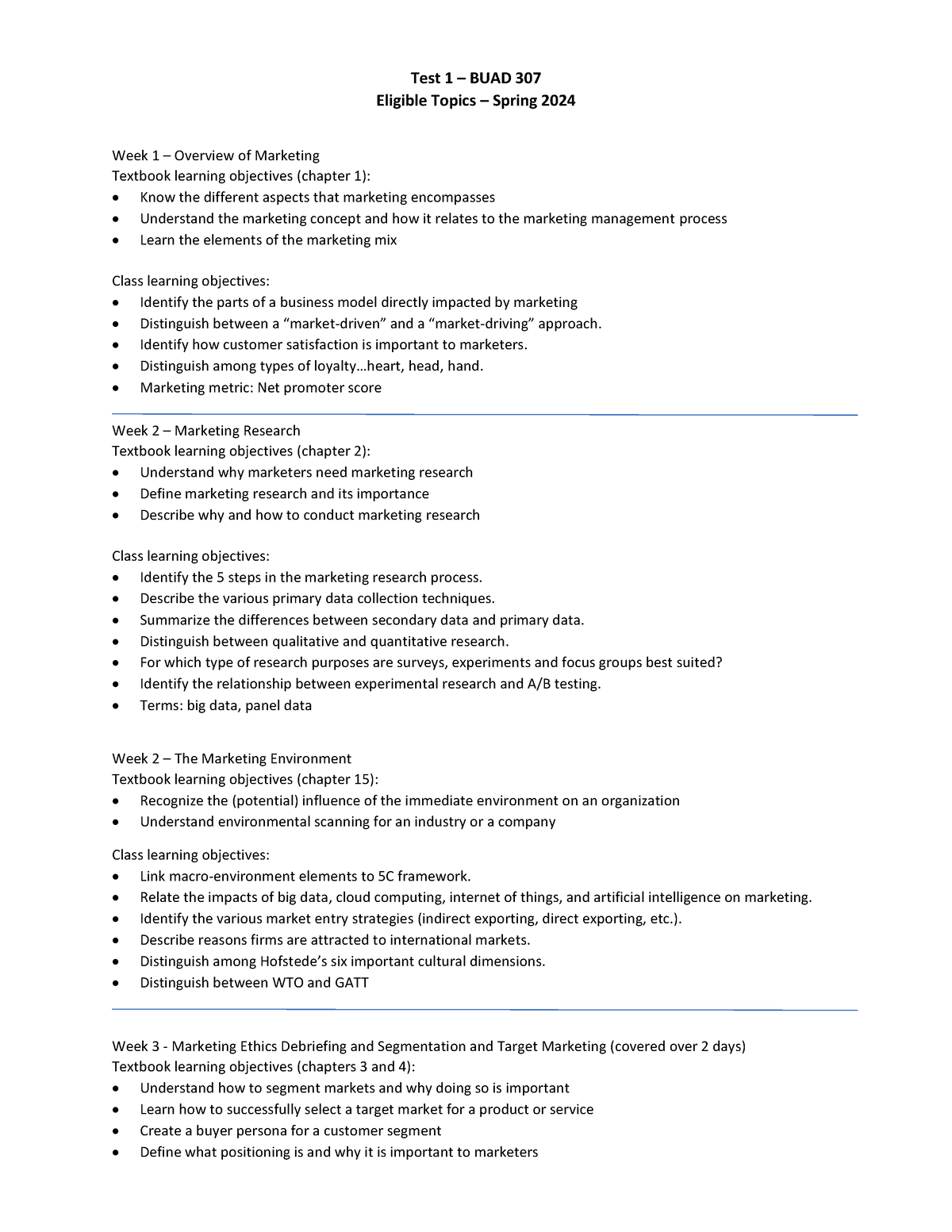 Eligible Test Topics BUAD 307 Spring 2024 Test 1 BUAD 307 Eligible