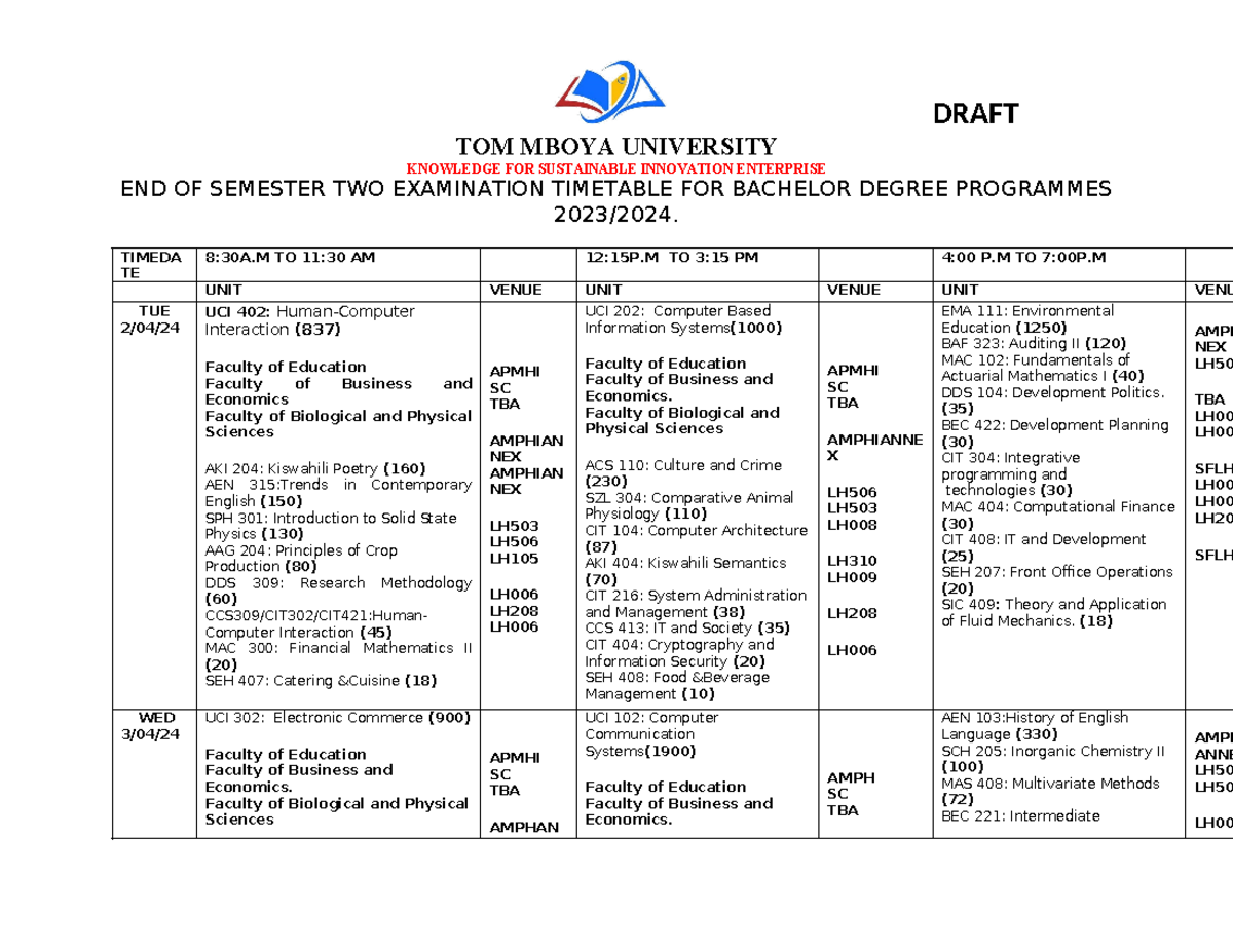 Semester 2 2023 2024 examination timetable-1 - TOM MBOYA UNIVERSITY ...