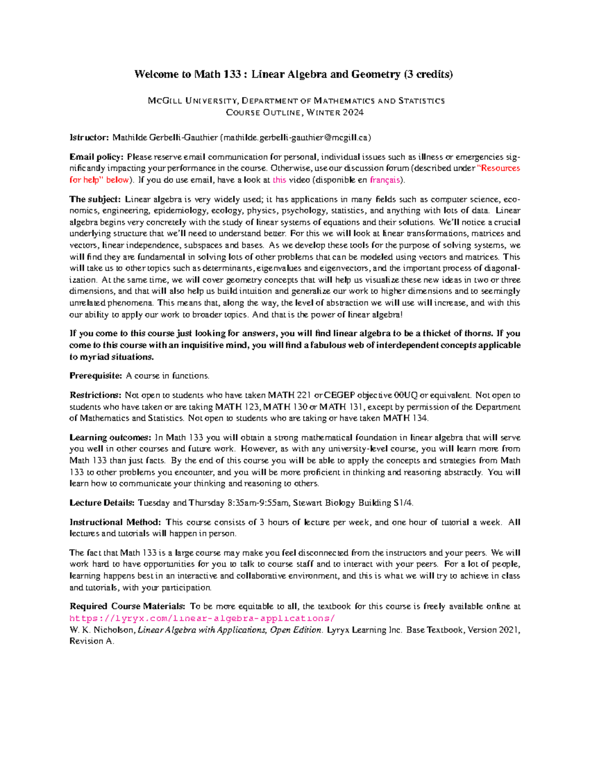 Syllabus 133 winter 2024 welcome to math 133 linear algebra and