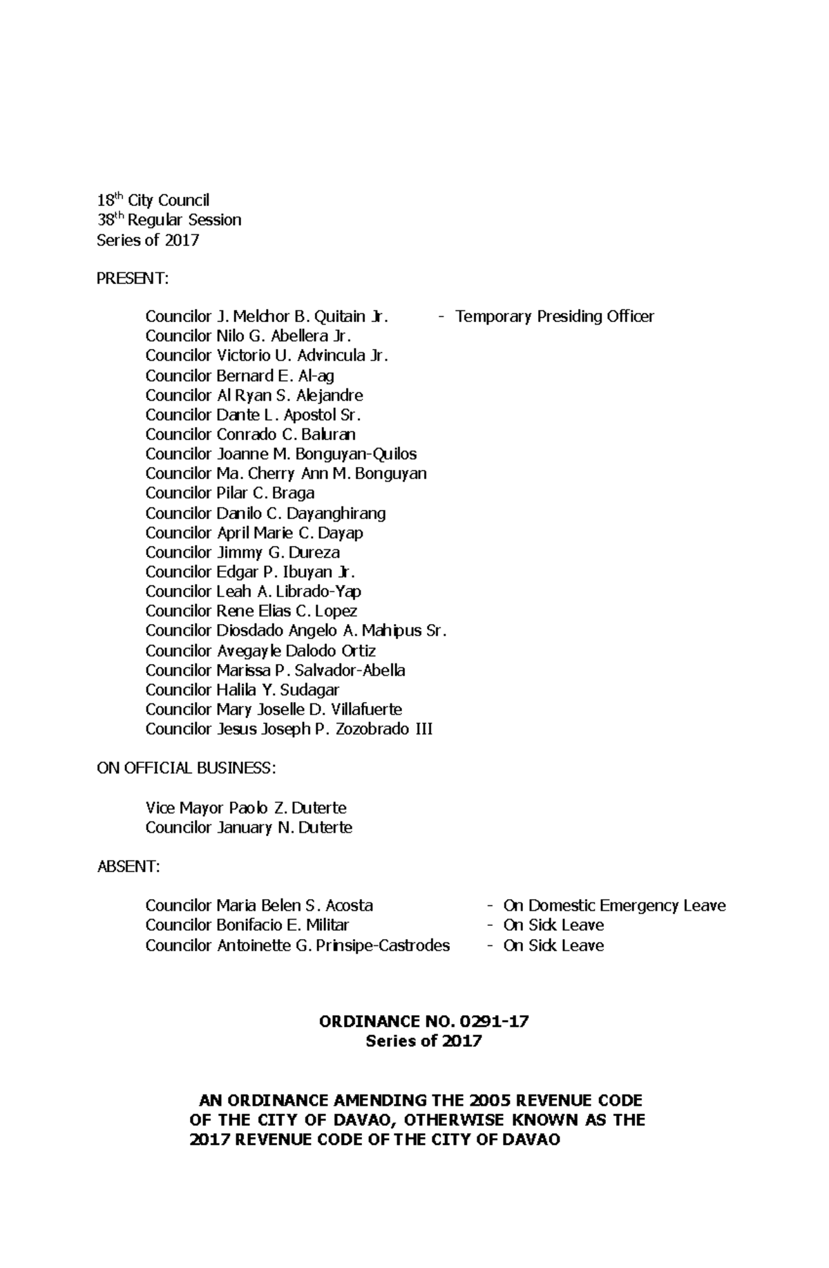 City Ordinance No. 0291-17 (Revenue Code of the City of Davao) - 18 th ...