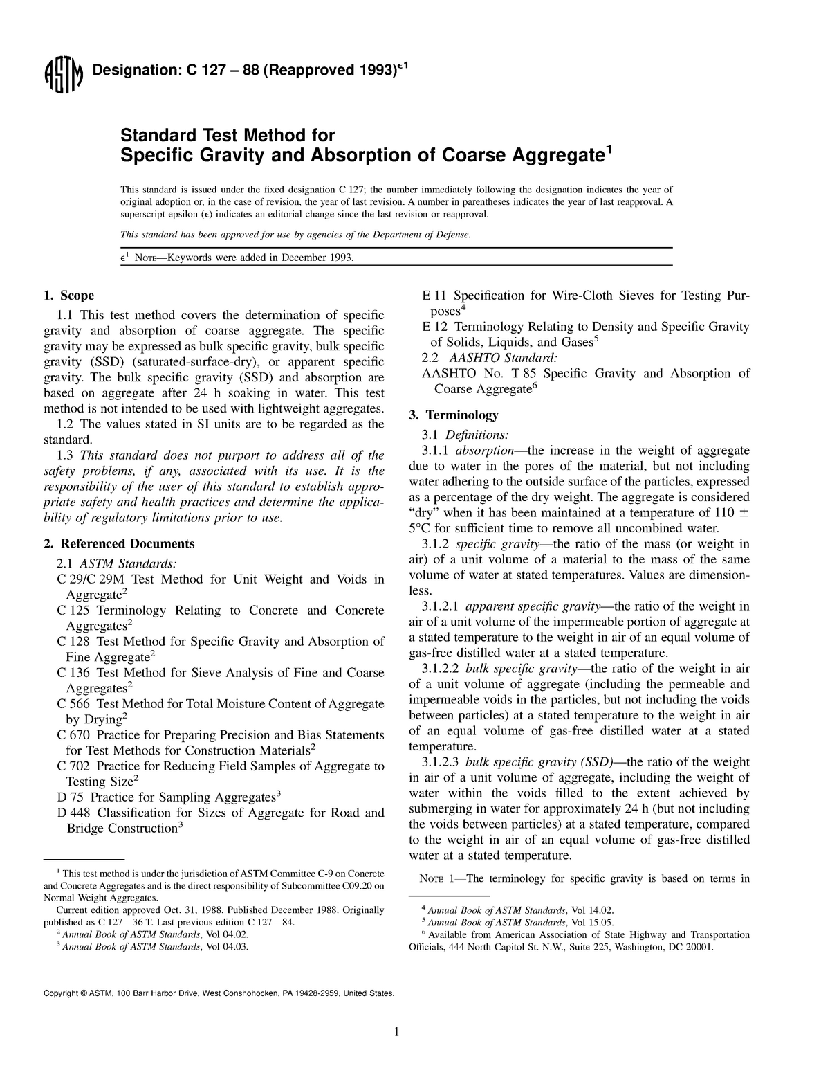 Standard Test Method For Specific Gravity ASTM C127 Designation C