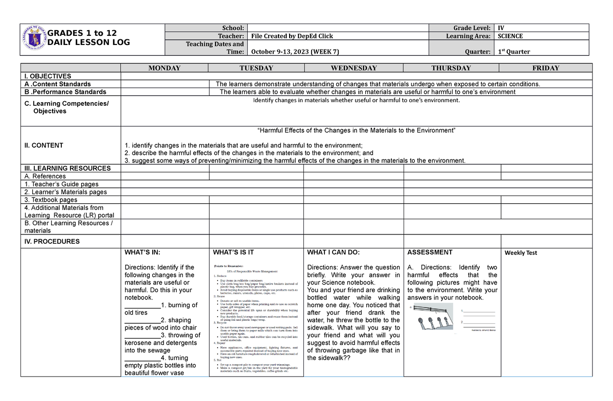 DLL Science 4 Q1 W7 - Jbjbkjb - GRADES 1 To 12 DAILY LESSON LOG School ...