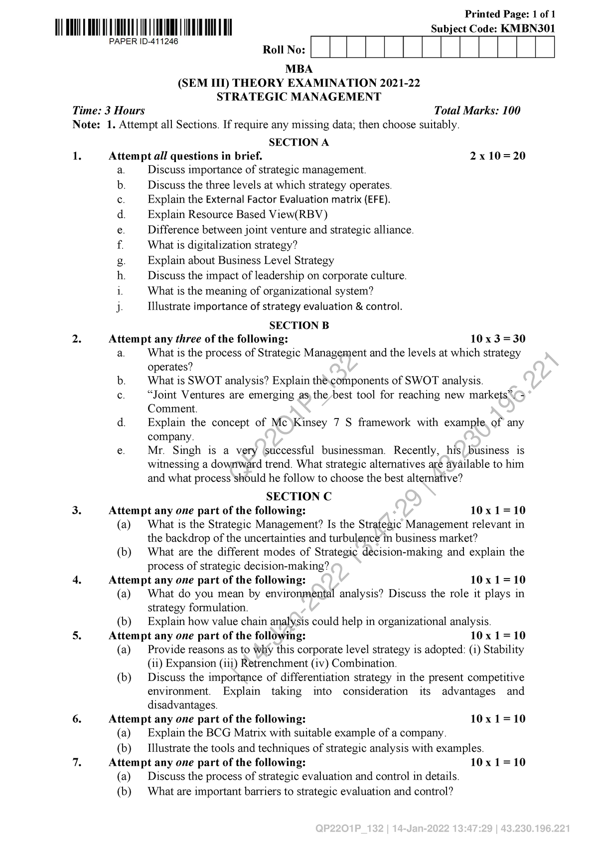 Mba 3 sem strategic management kmbn301 2022 - QP22O1P_ | 14-Jan-2022 13 ...