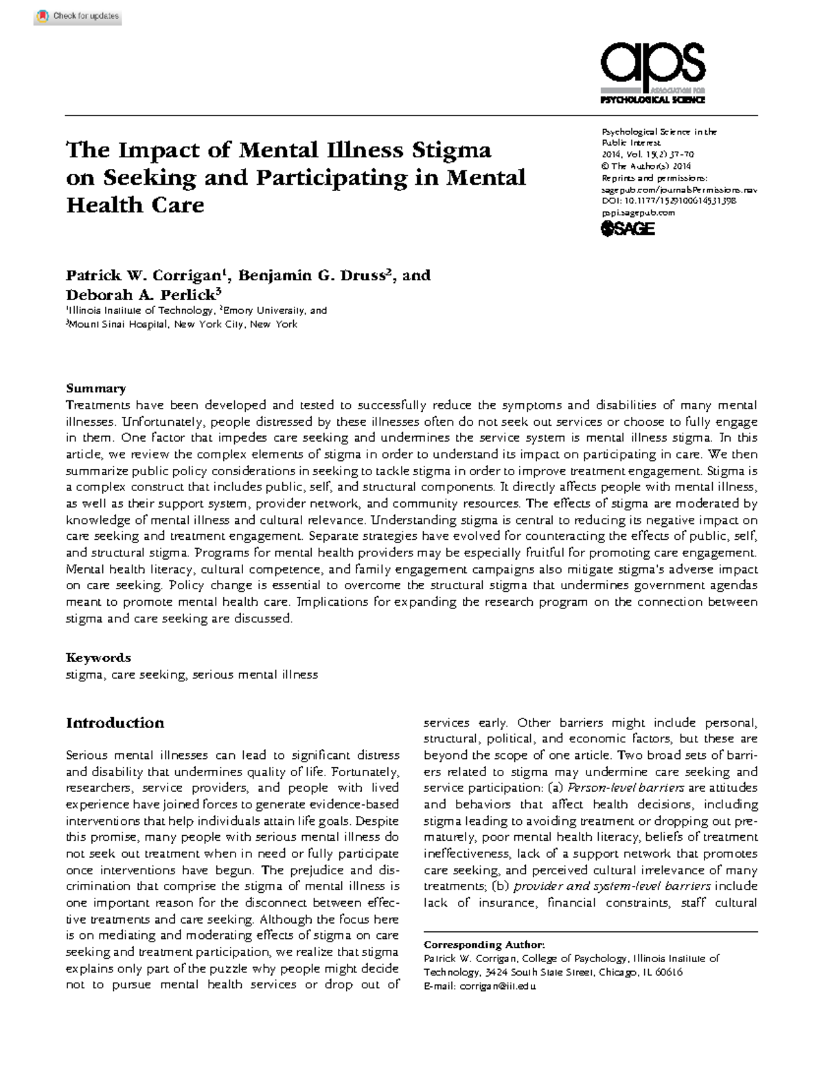 Corrigan et al 2014 the impact of mental illness stigma on seeking and ...