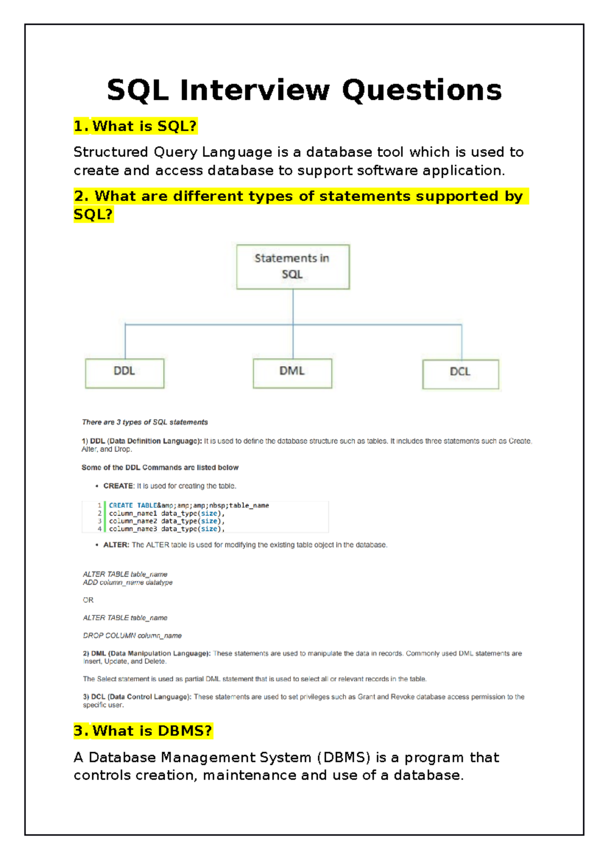 Sql interview - SQL Interview Questions What is SQL? Structured Query ...