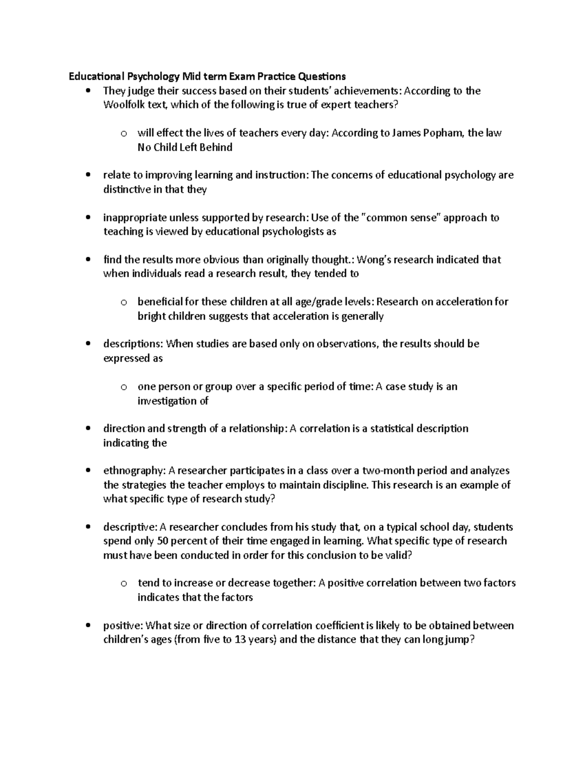 Educational Psychology Mid term Exam Practice Questions Wong's
