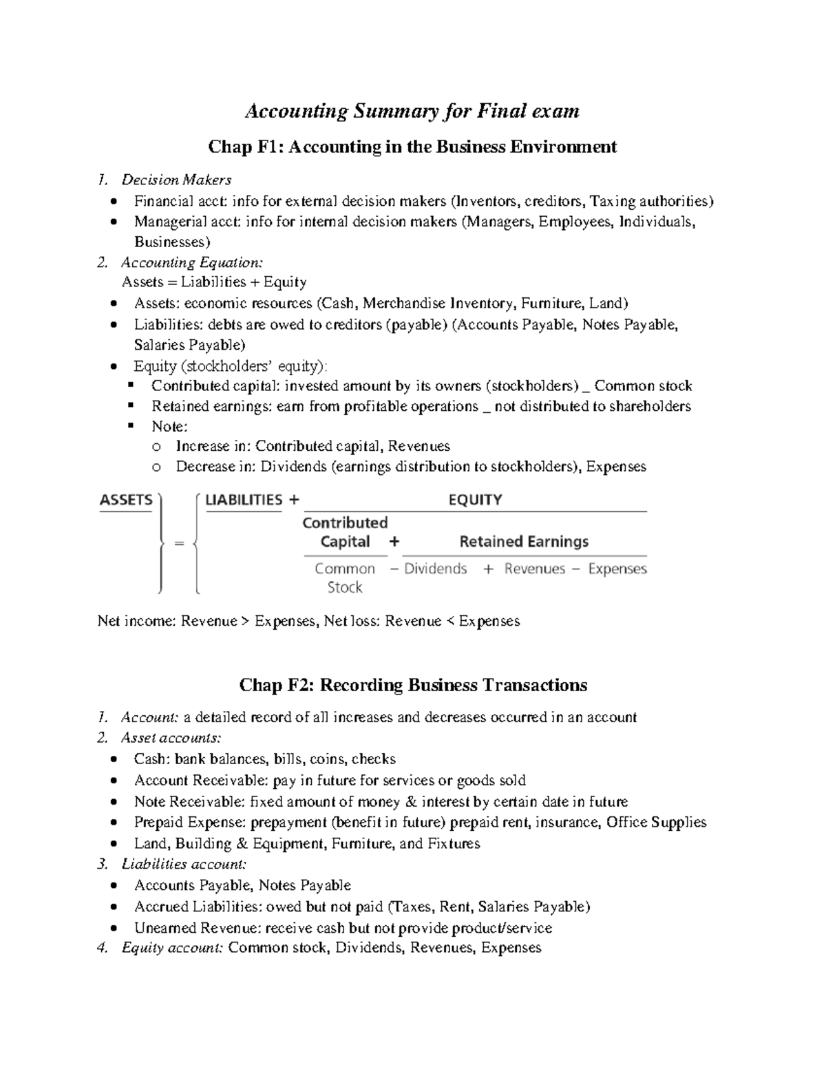 Accounting for Engineering (Intro to Financial Accounting) Summary for