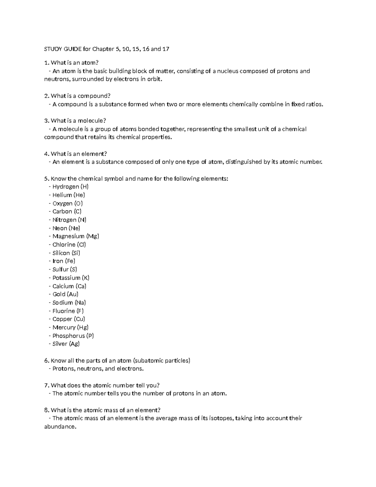 Study Guide yuh - STUDY GUIDE for Chapter 5, 10, 15, 16 and 17 What is ...