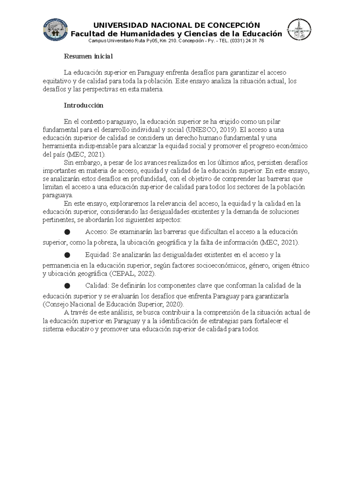 Acceso Equidad y Calidad en la educacion superior - Facultad de ...