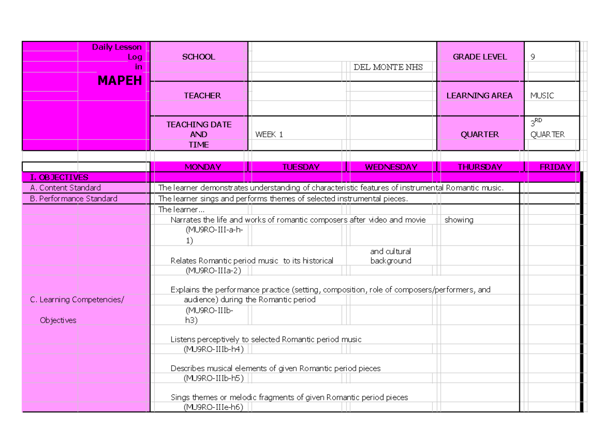 Music DLL WK1 - Daily Lesson Log SCHOOL GRADE LEVEL 9 in DEL MONTE NHS ...