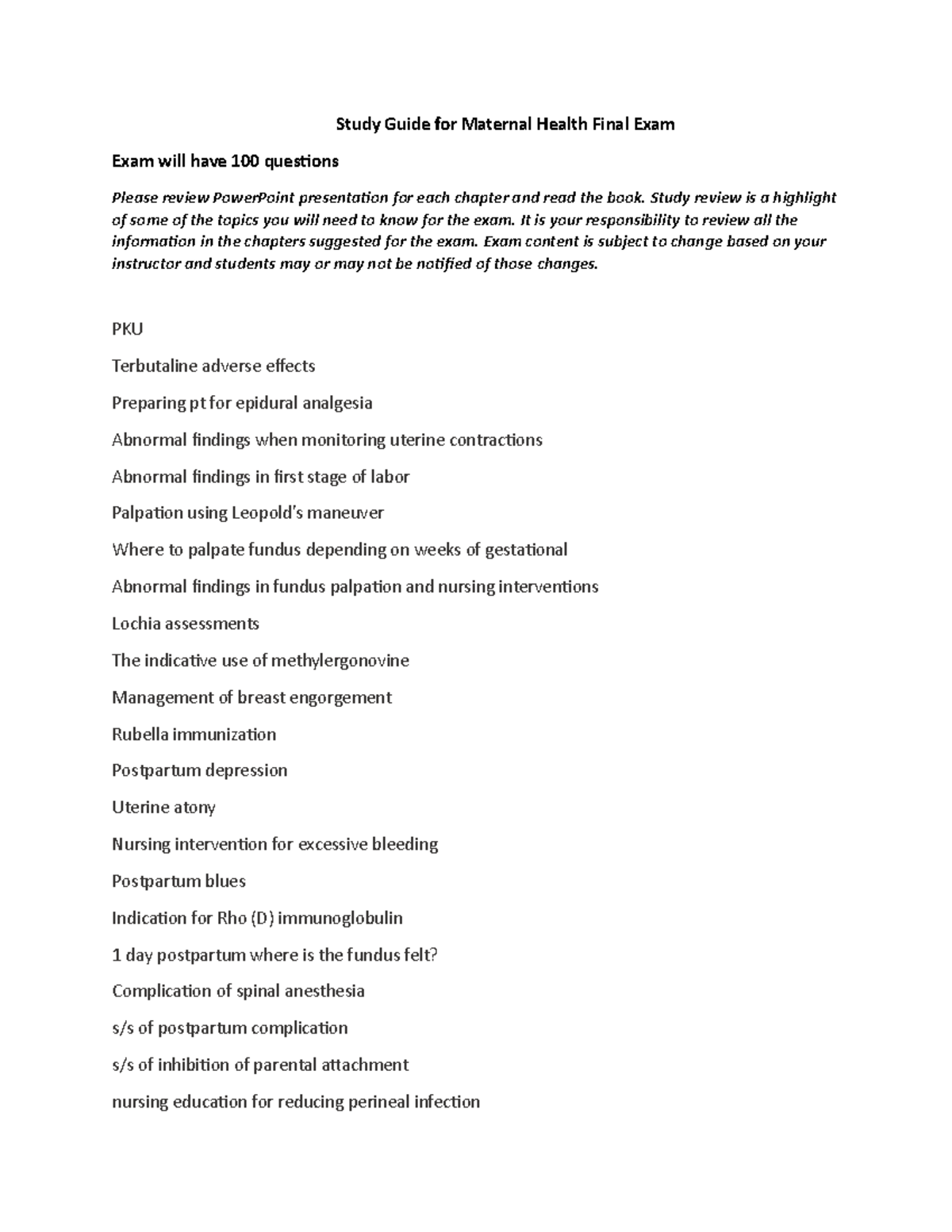 Maternity final exam study guide Study Guide for Maternal Health