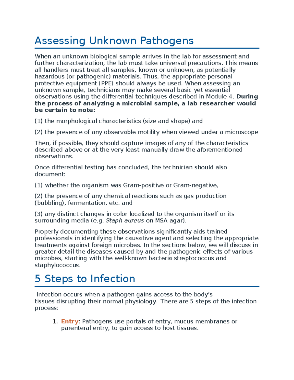 Mod 5 - lecture notes - Assessing Unknown Pathogens When an unknown ...