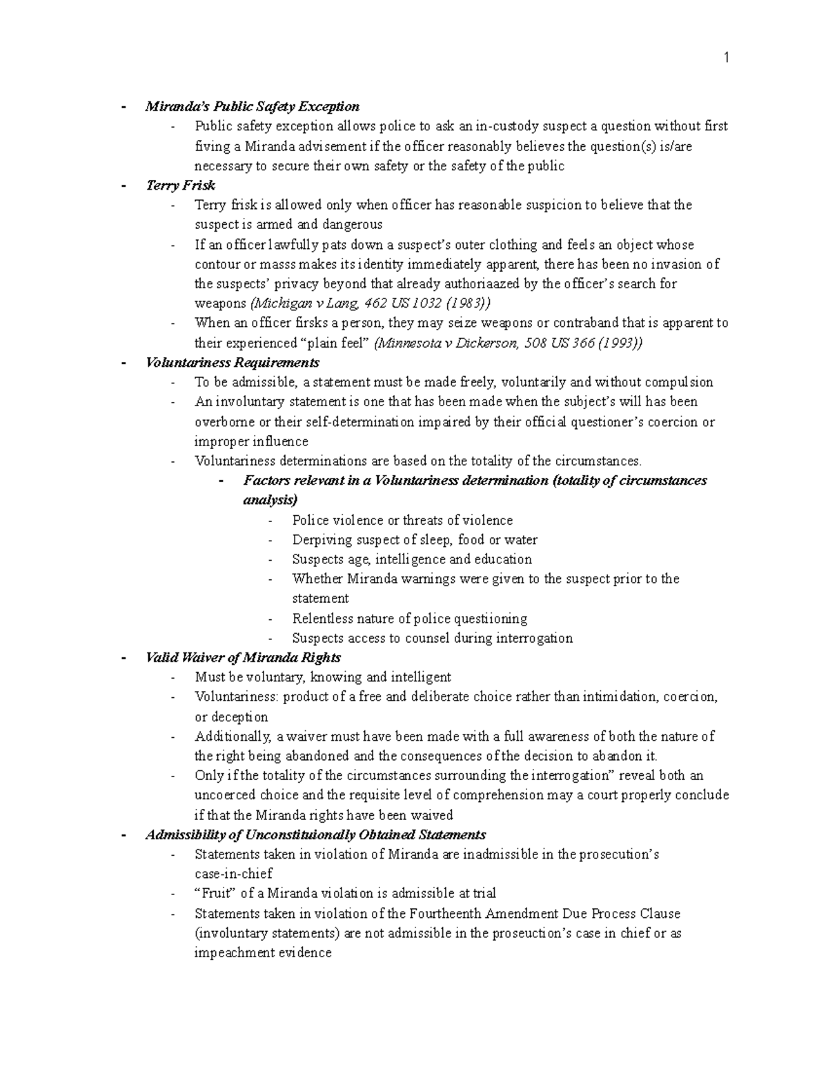 Crim Pro Outline - Summary Criminal Procedure - Miranda’s Public Safety ...