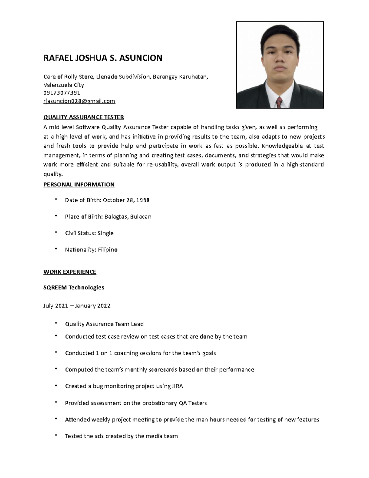 Sample CV or Resume for application of work - RAFAEL JOSHUA S. ASUNCION ...