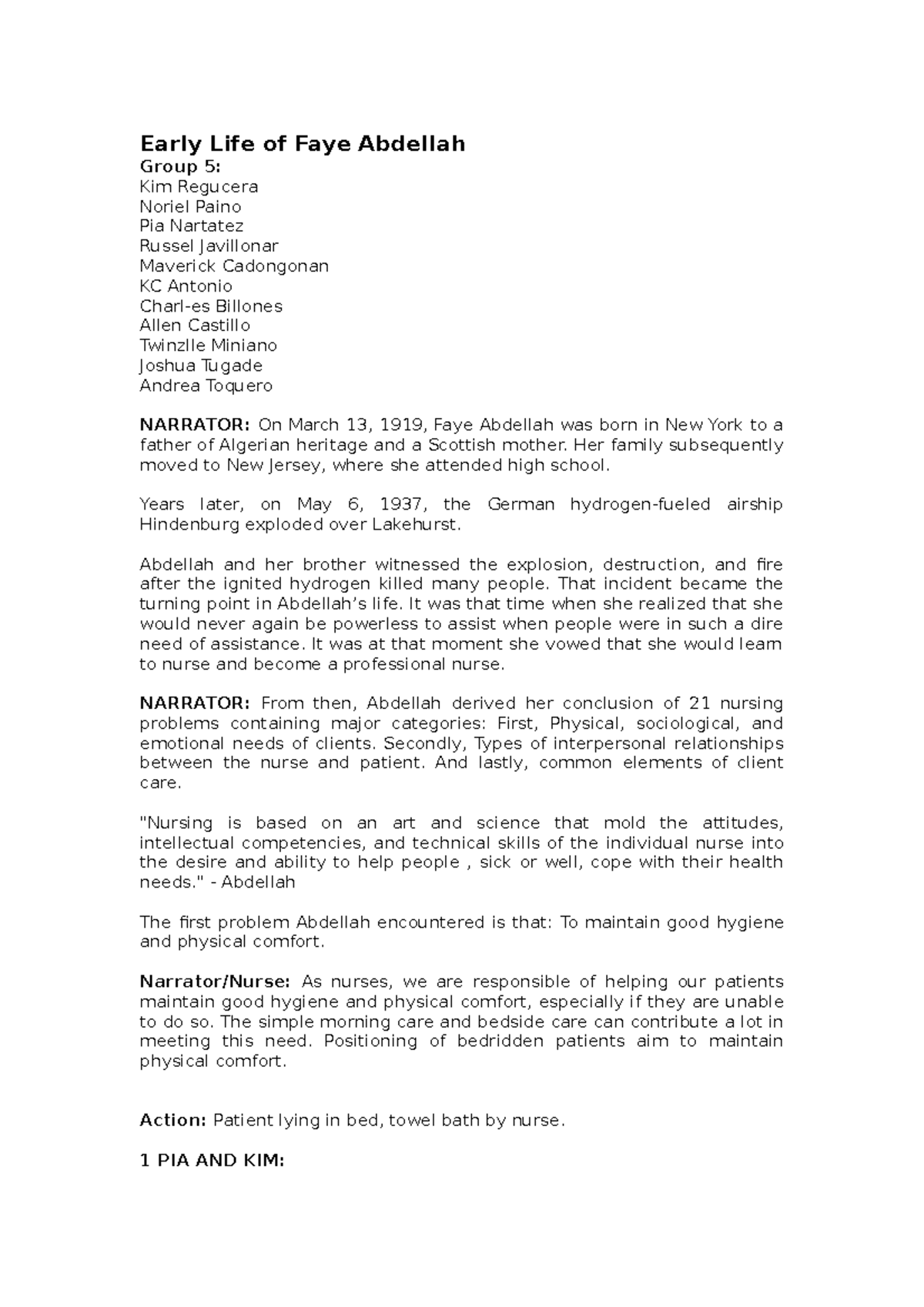 Script-TFN - Assignment - Early Life of Faye Abdellah Group 5: Kim ...