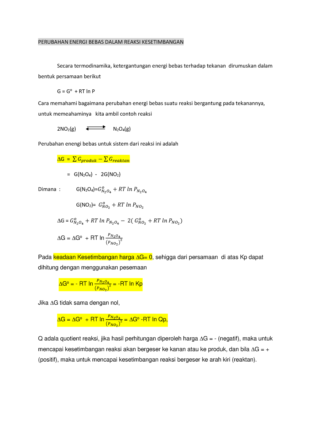 Perubahan Energi Bebas Pada Reaksi Kesetimbangan Perubahan Energi