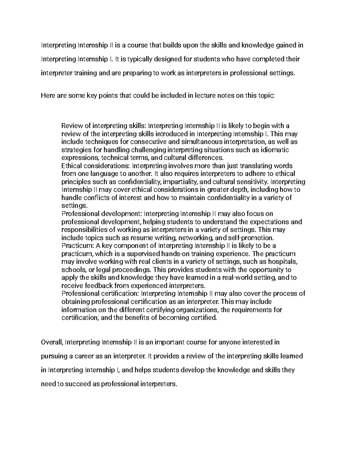 AA889999-2 - notes - Interpreting Internship II is a course that builds ...