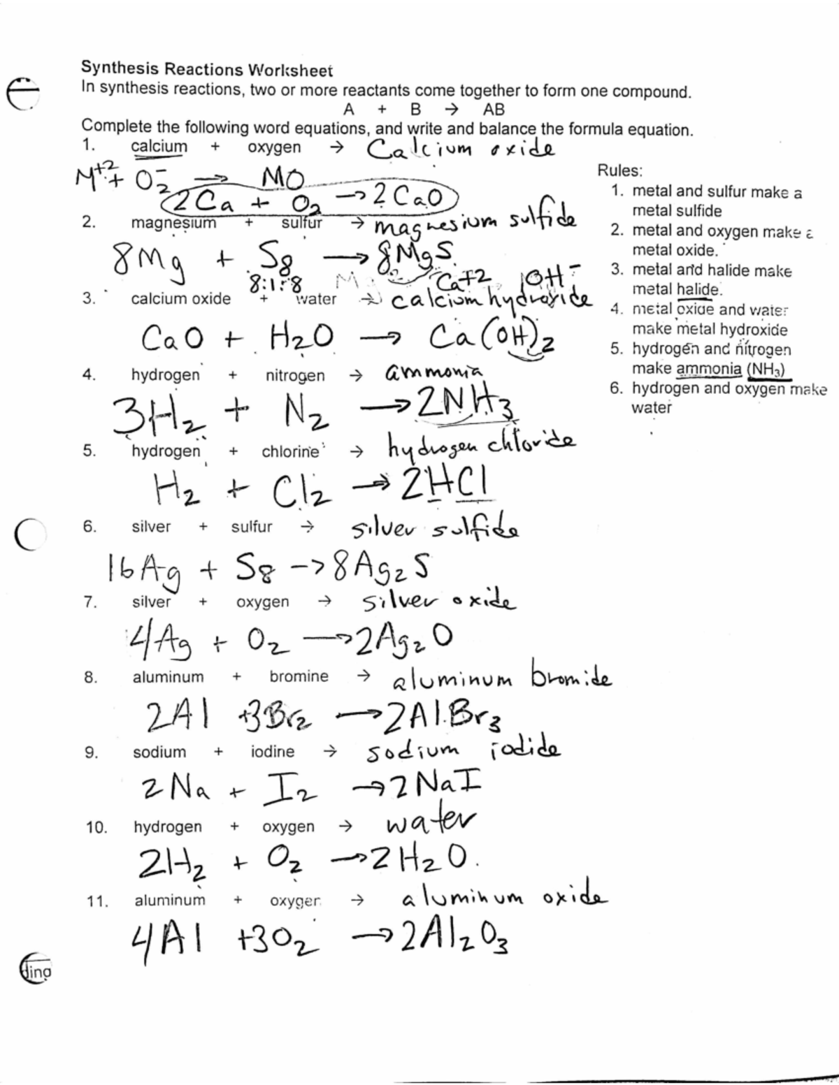 Answers Predicting Products of Synthesis and Decomposition Reactions ...