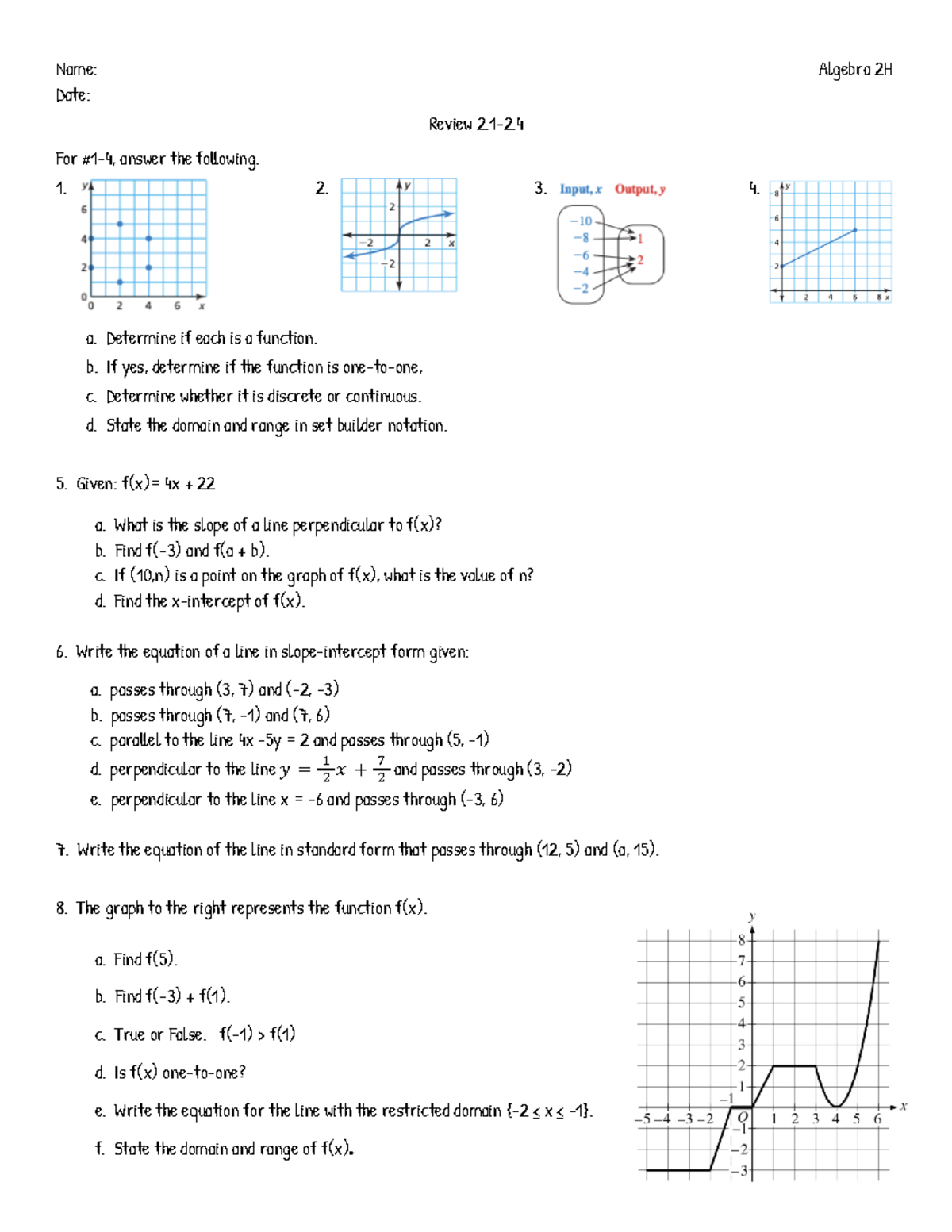 15 - Review 2 - It's easy - Name: Algebra 2H Date: Review 2-2. For #1-4 ...