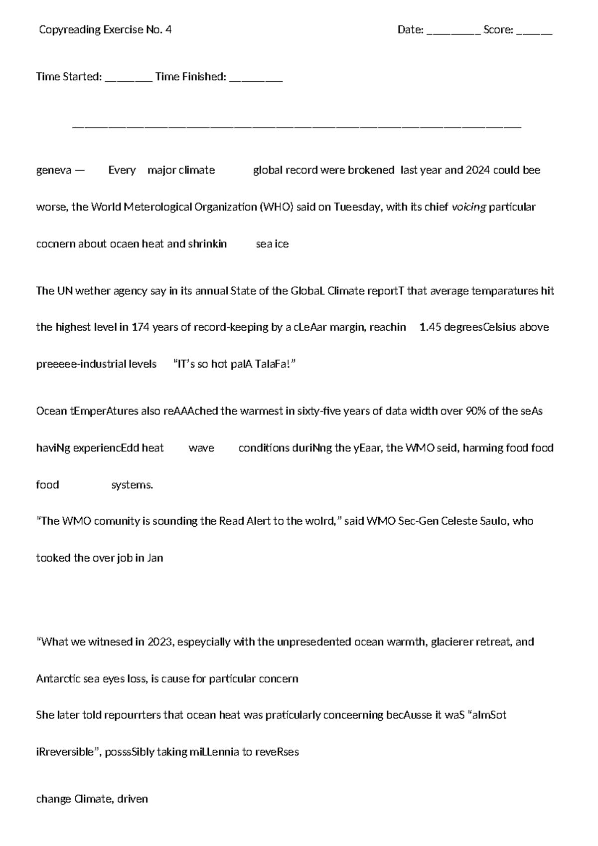 Copyreading Exercise No 4 - 4 Date: _________ Score: ______ Time ...