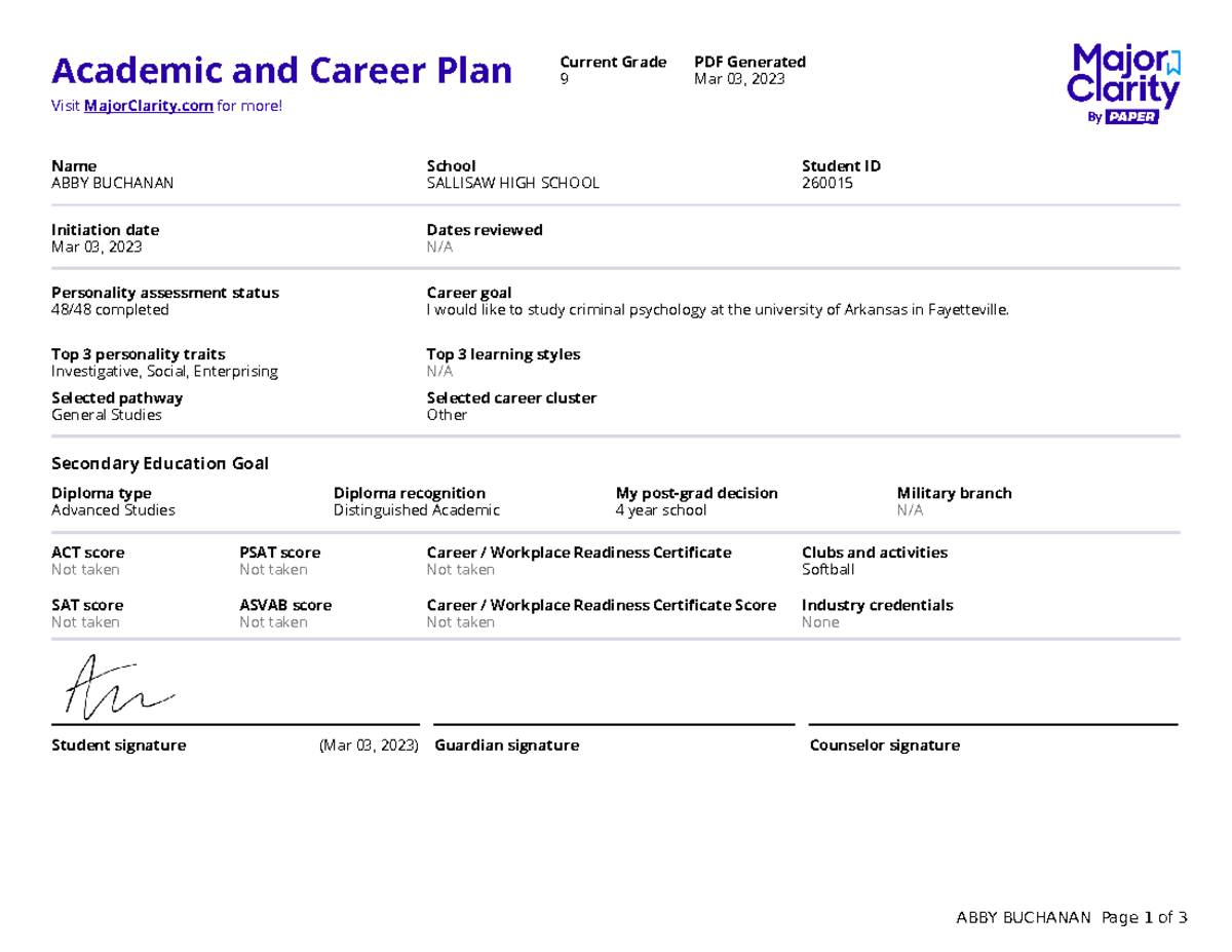 ABBY Buchanan ACP - Uhgio - Academic And Career Plan Visit MajorClarity ...