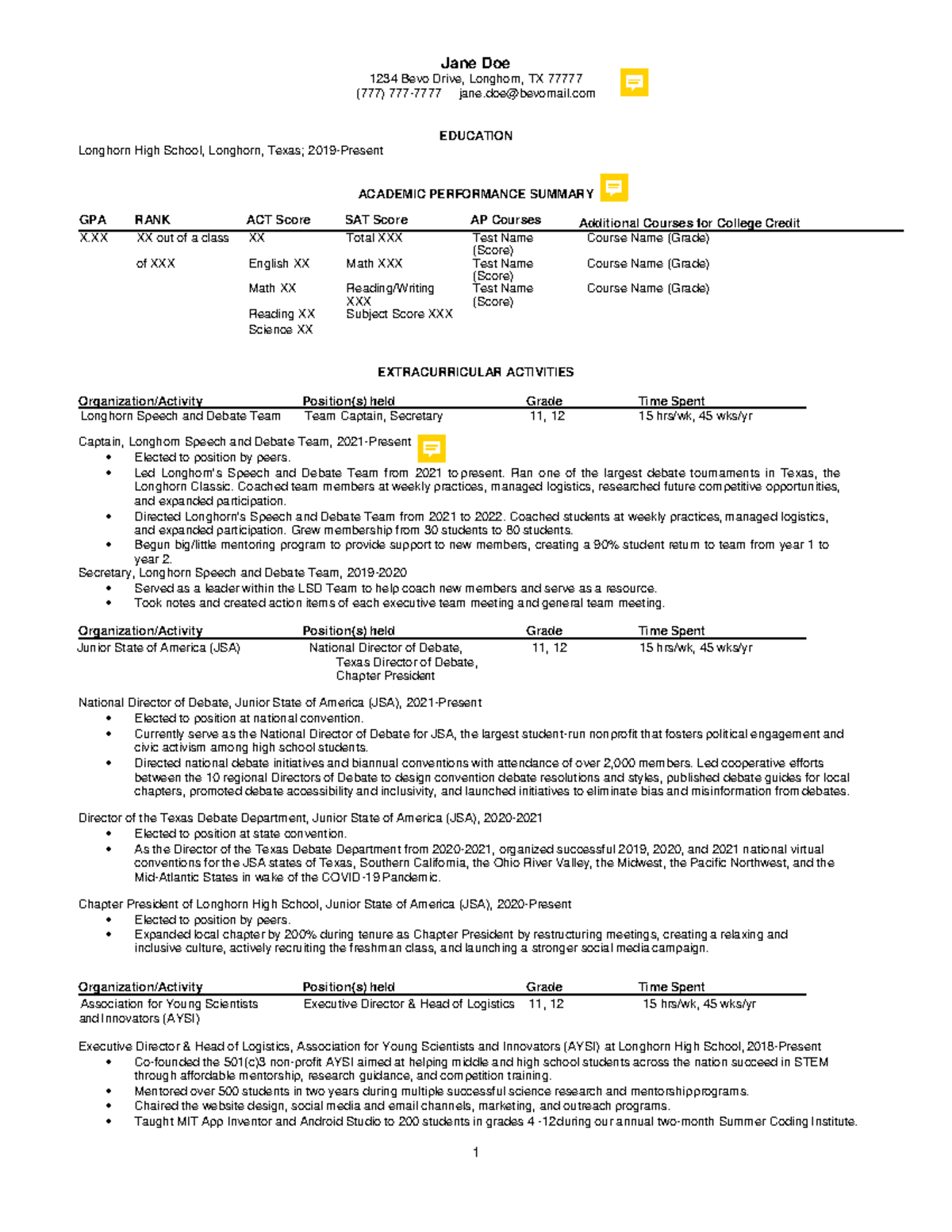 Example CBHP Resume 2022 Notated - Jane Doe 1234 Bevo Drive, Longhorn ...