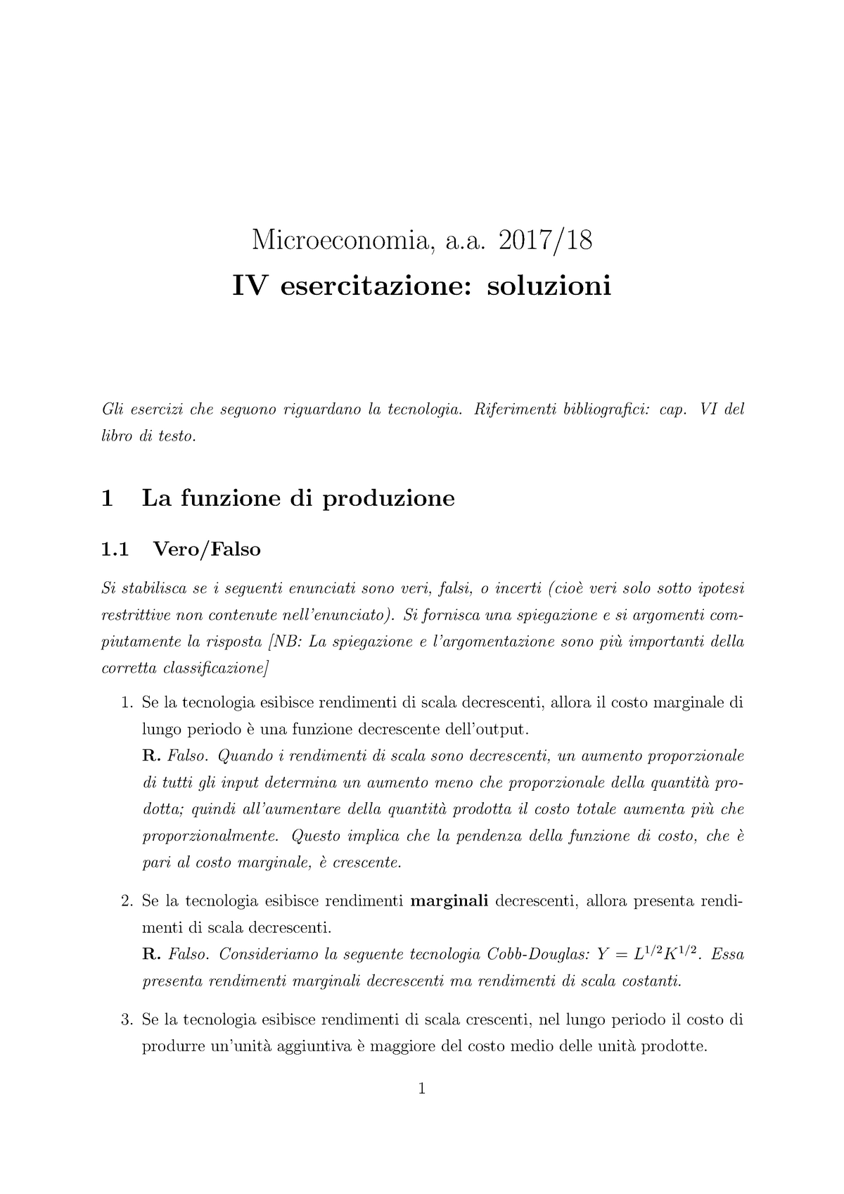 Funzioni Di Produzione - Microeconomia, A. 2017/18 IV Esercitazione ...